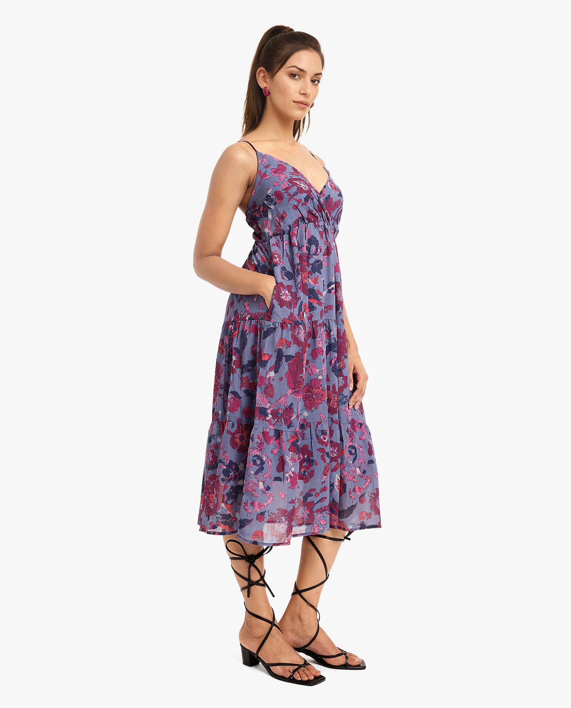 Rareism Women's Nuno Light Multi  Shoulder Straps Tie-Up Closure Sleeveless Floral Print Fit And Flare Midi Dress