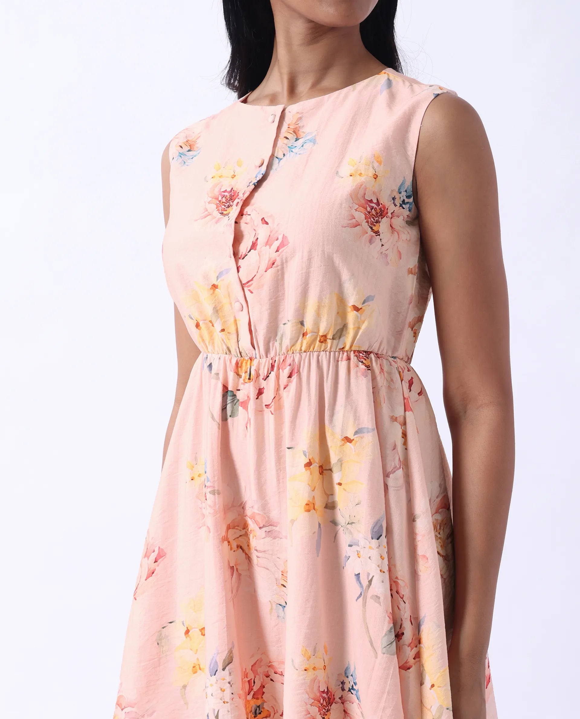 Rareism Women's Nupic Pink Viscose Blend Round Neck Floral Print Mini Flared Dress