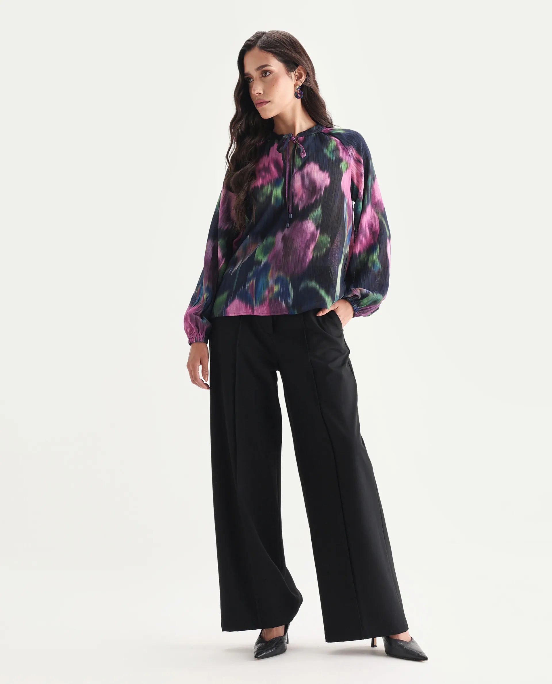 Rareism Women's Nupin Navy Polyester Tie-Up Neck Regular Fit Top