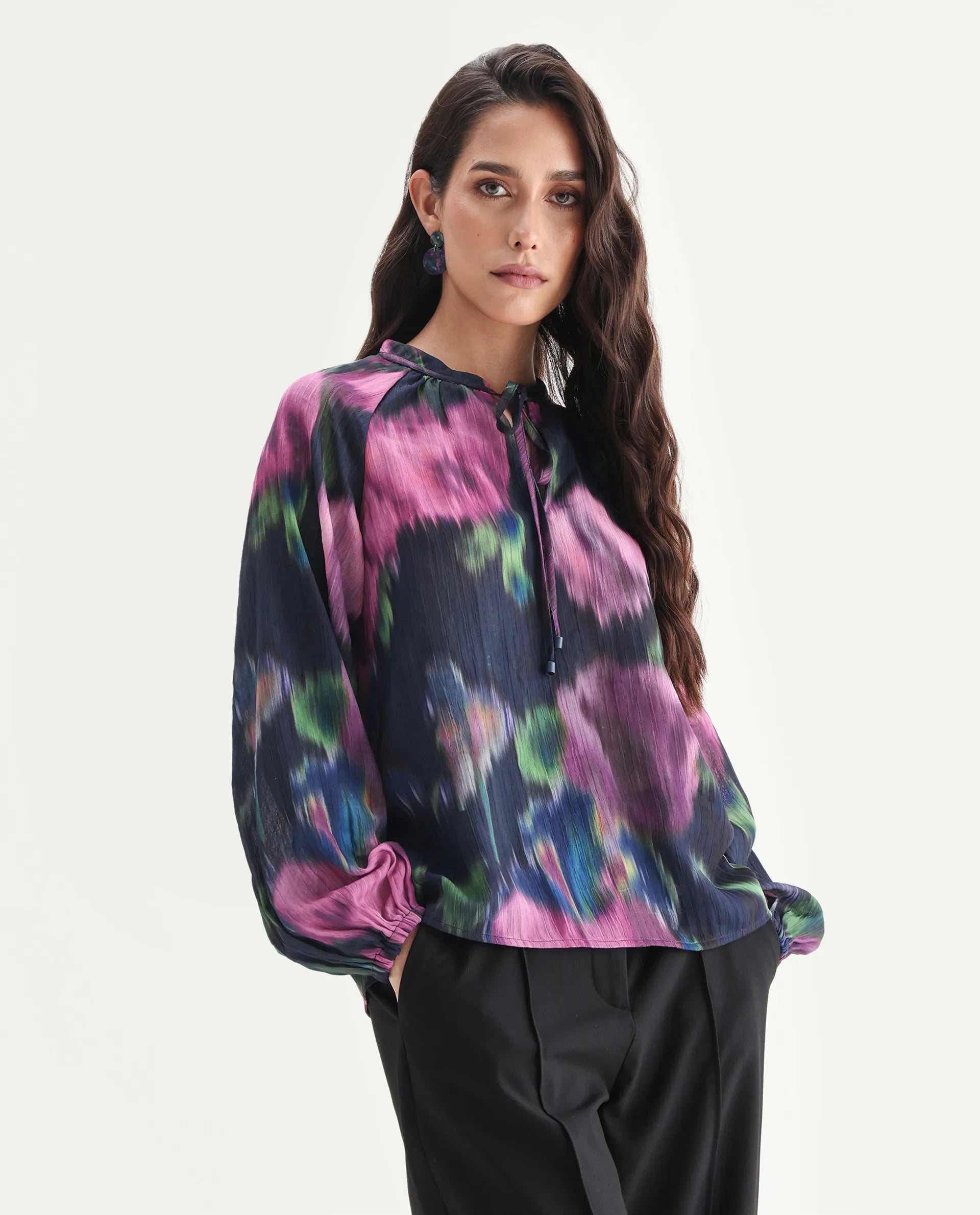 Rareism Women's Nupin Navy Polyester Tie-Up Neck Regular Fit Top