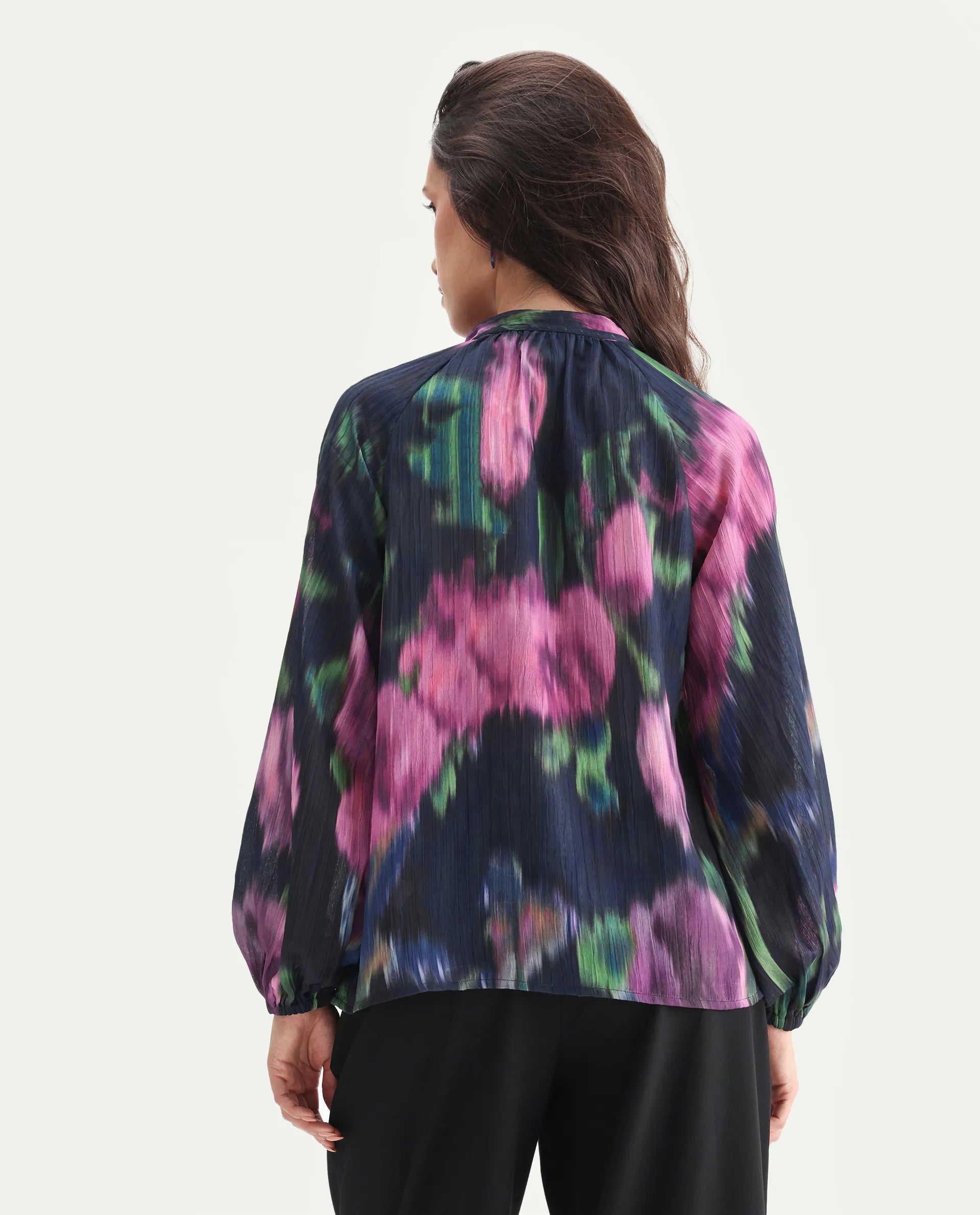 Rareism Women's Nupin Navy Polyester Tie-Up Neck Regular Fit Top