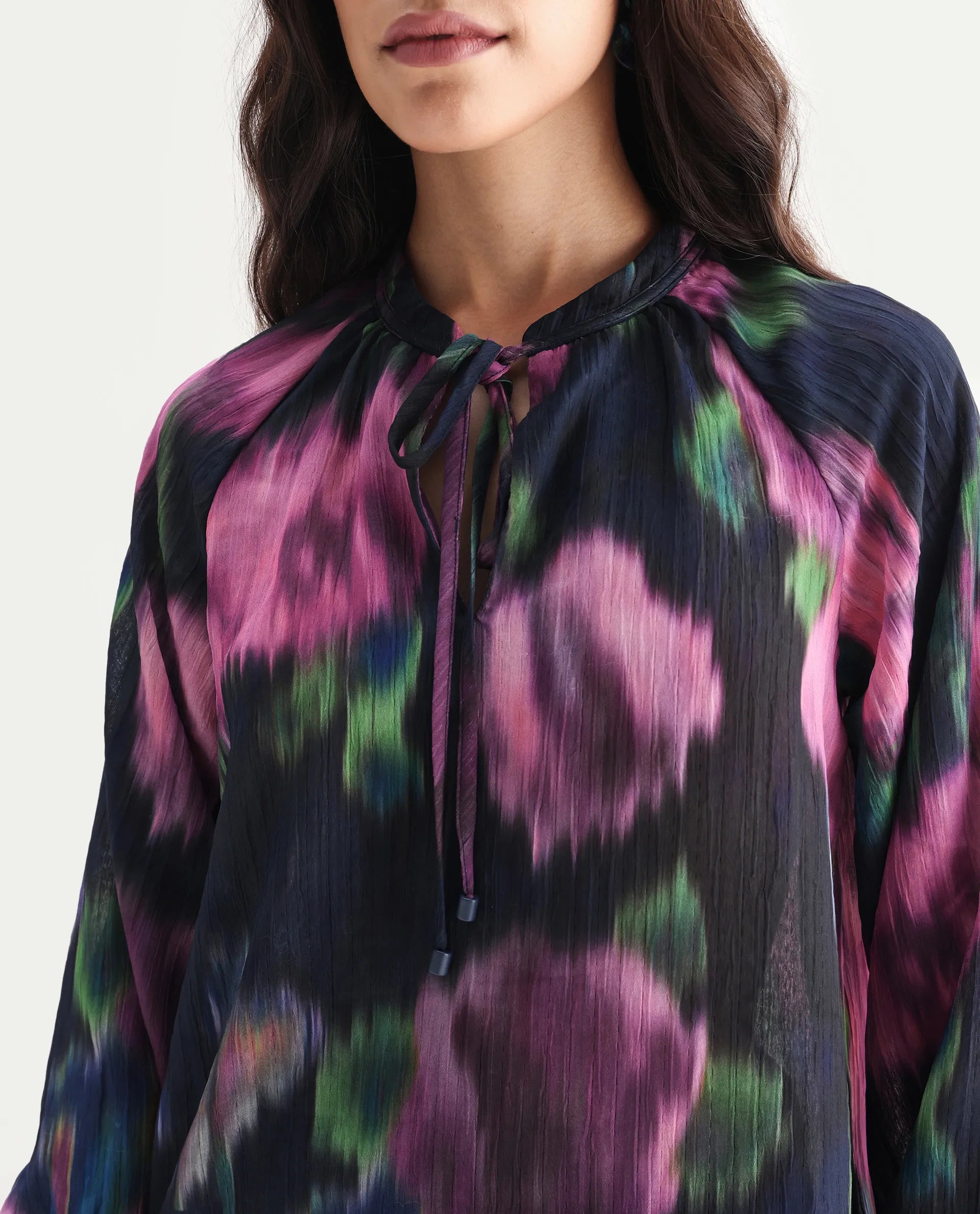 Rareism Women's Nupin Navy Polyester Tie-Up Neck Regular Fit Top