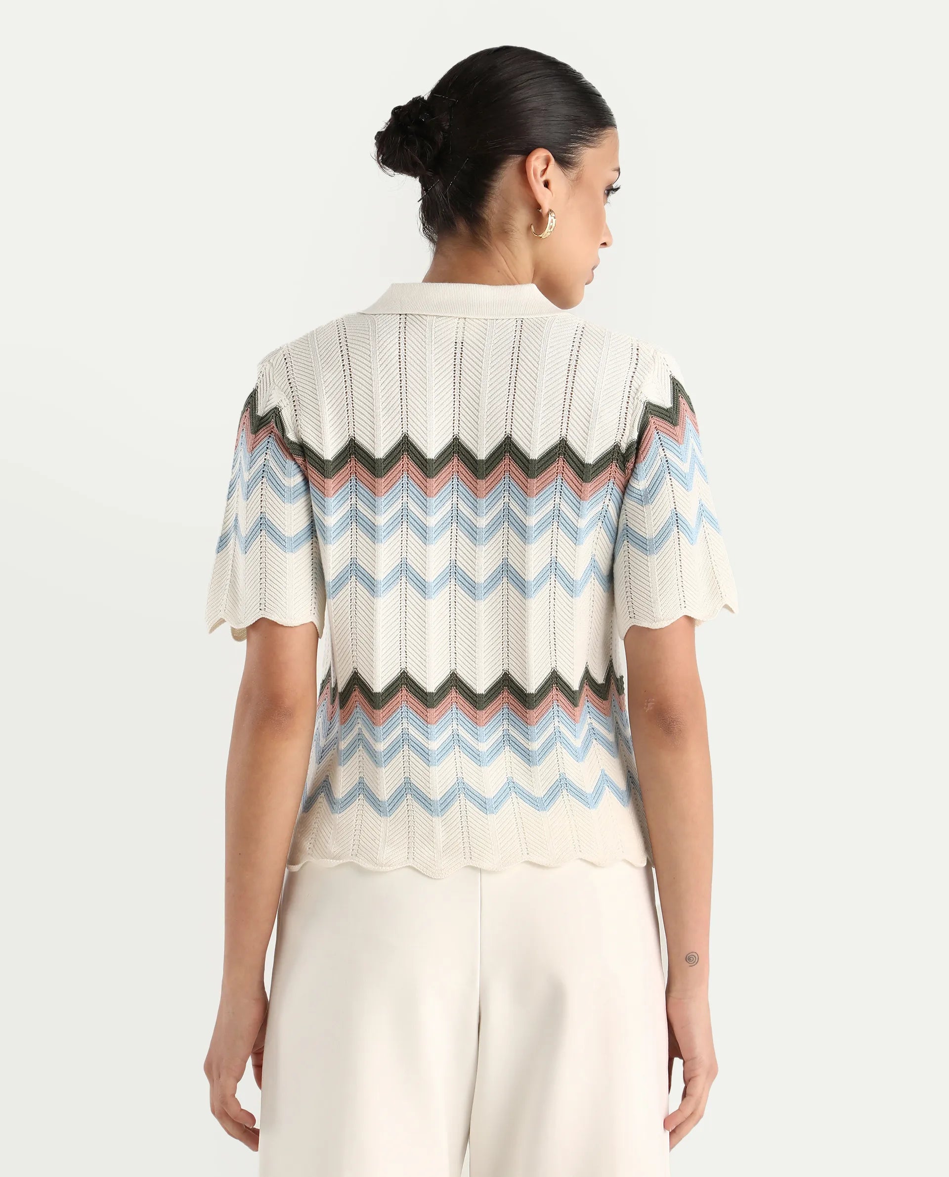 Rareism Women's Nuplo-R Light Blue Cotton Jonny Collar Regular Fit Geometric Print Top
