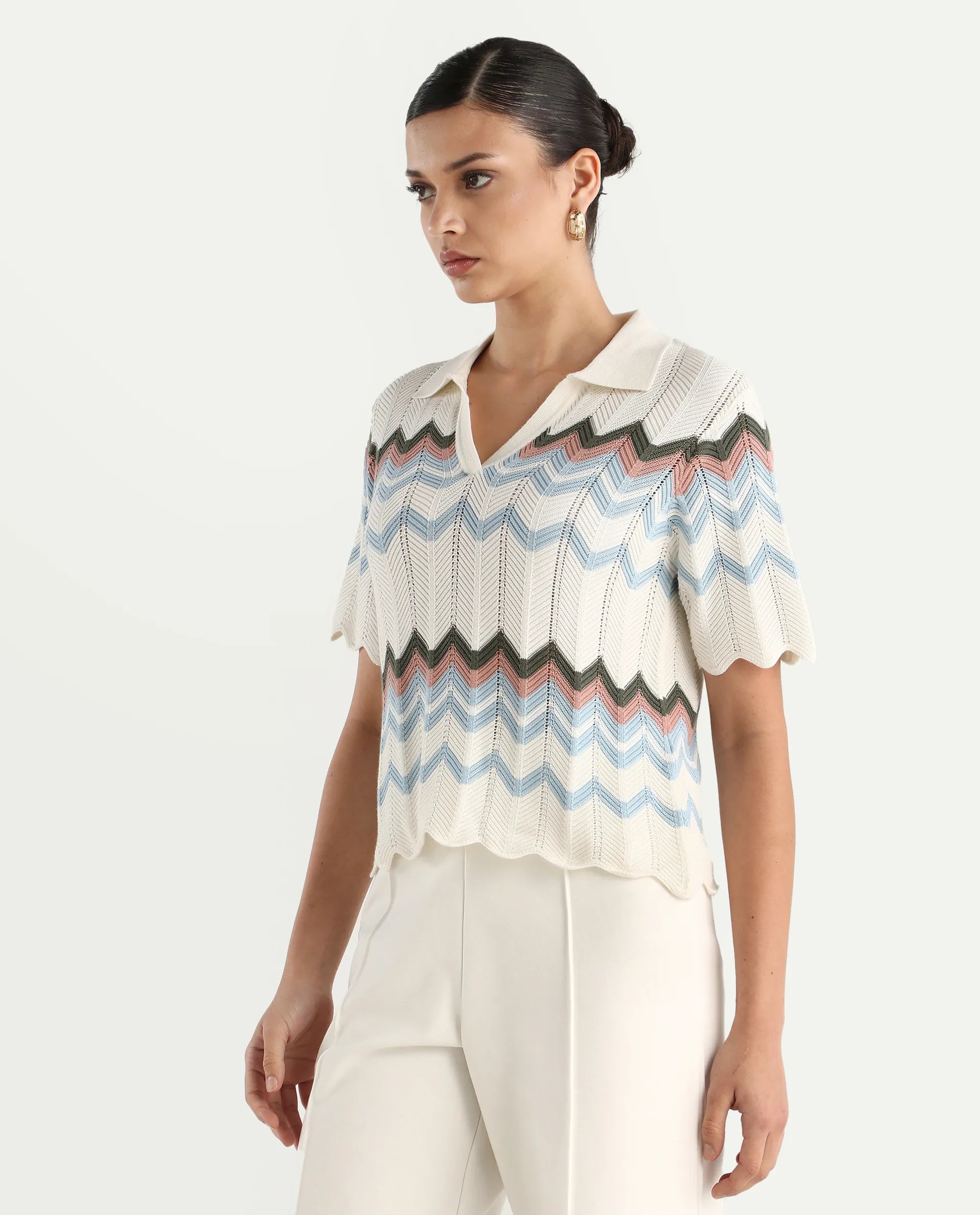 Rareism Women's Nuplo-R Light Blue Cotton Jonny Collar Regular Fit Geometric Print Top
