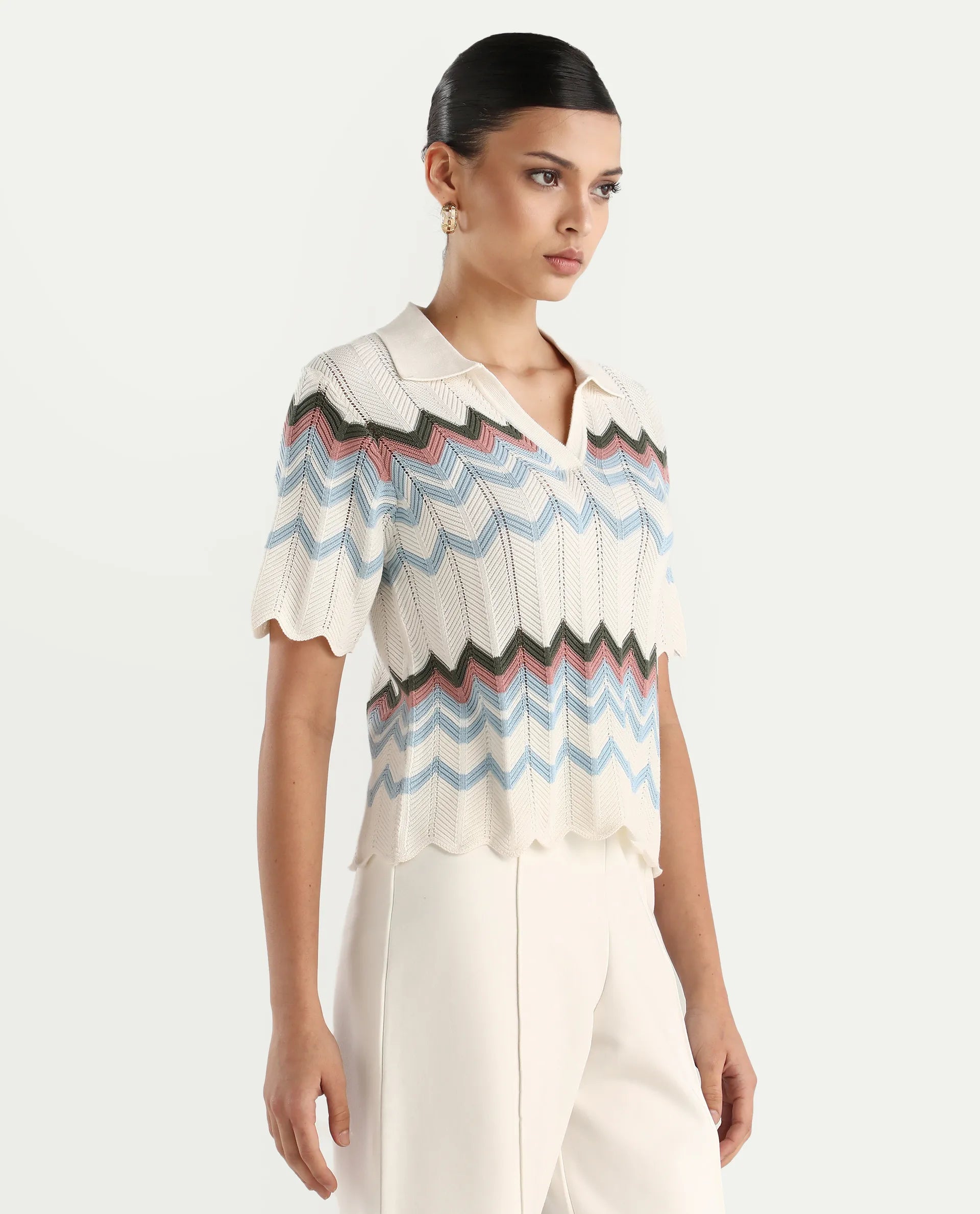 Rareism Women's Nuplo-R Light Blue Cotton Jonny Collar Regular Fit Geometric Print Top
