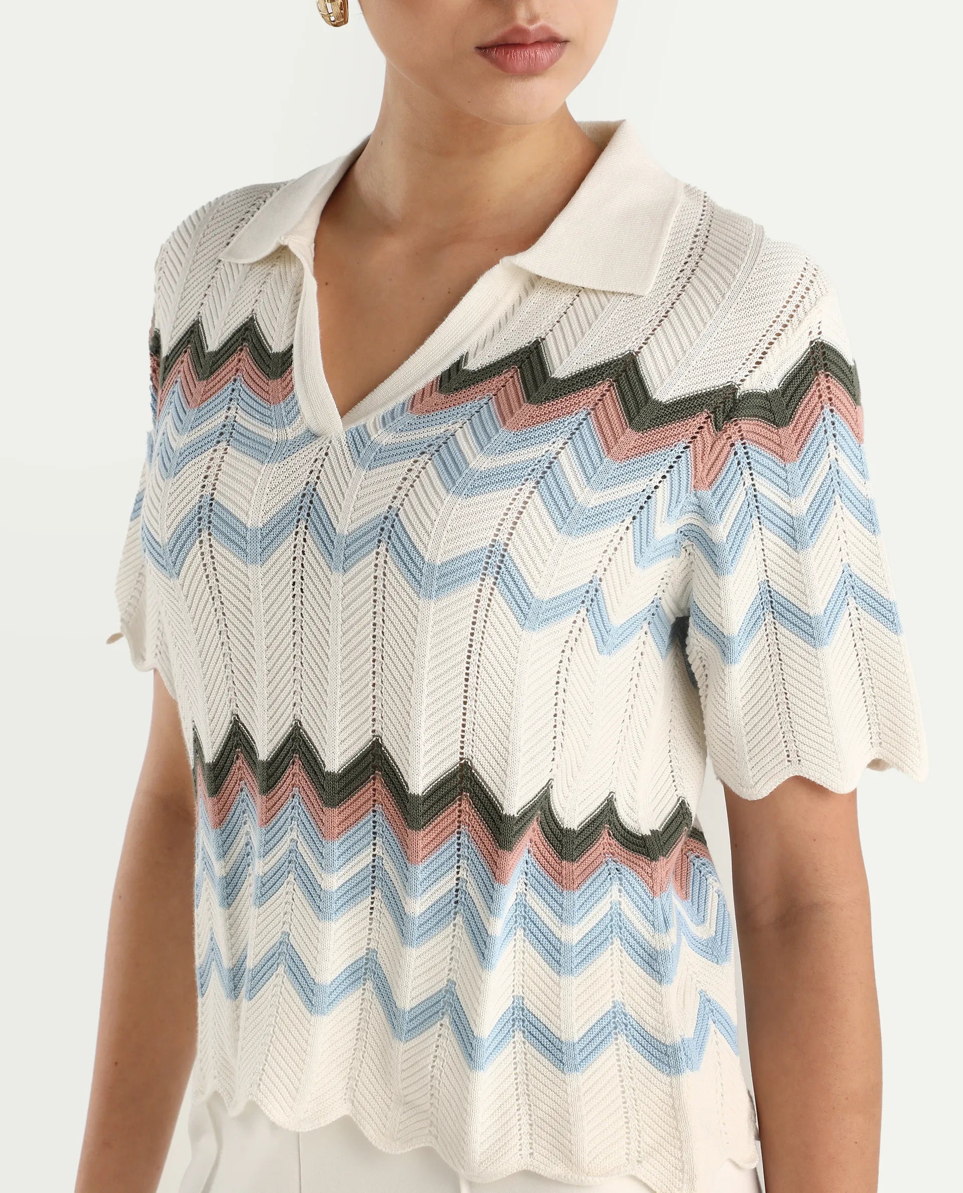 Rareism Women's Nuplo-R Light Blue Cotton Jonny Collar Regular Fit Geometric Print Top