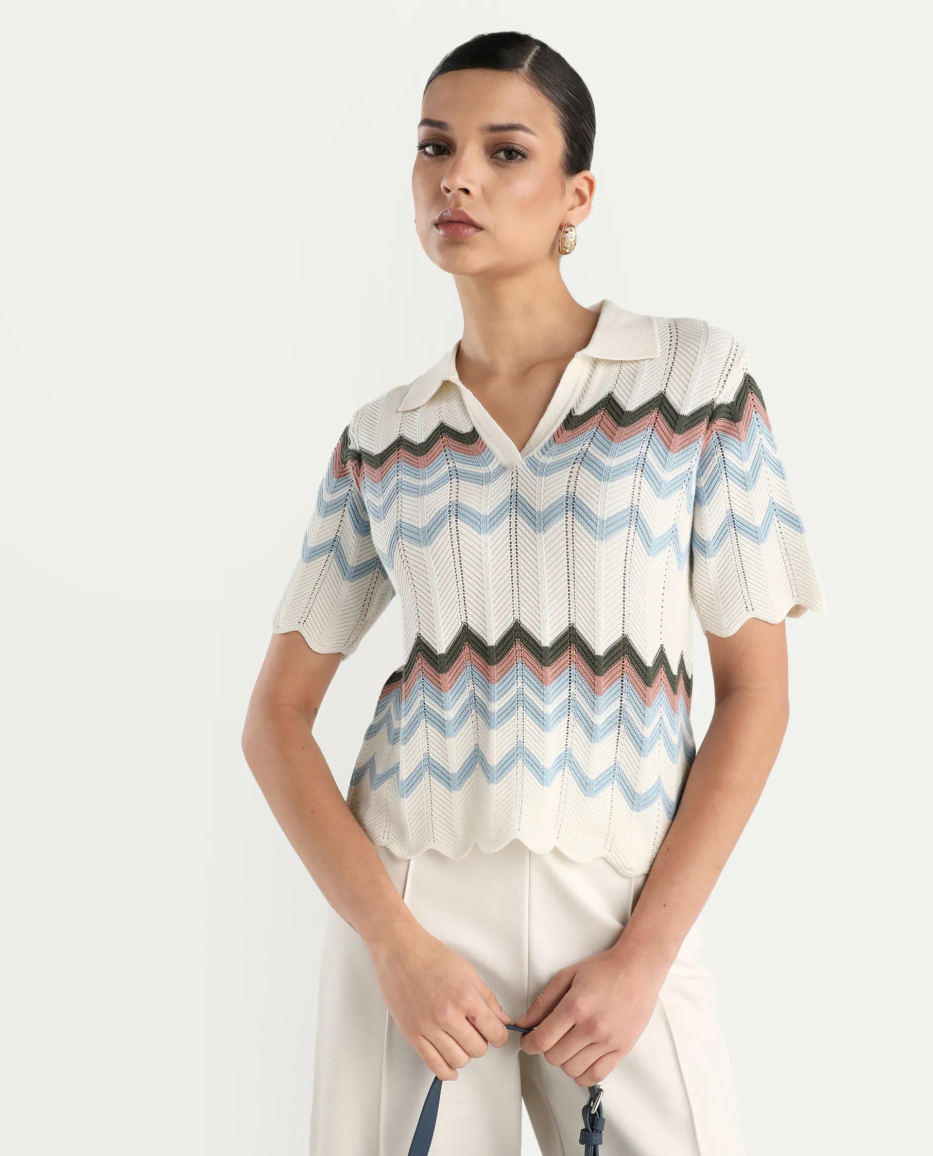 Rareism Women's Nuplo-R Light Blue Cotton Jonny Collar Regular Fit Geometric Print Top