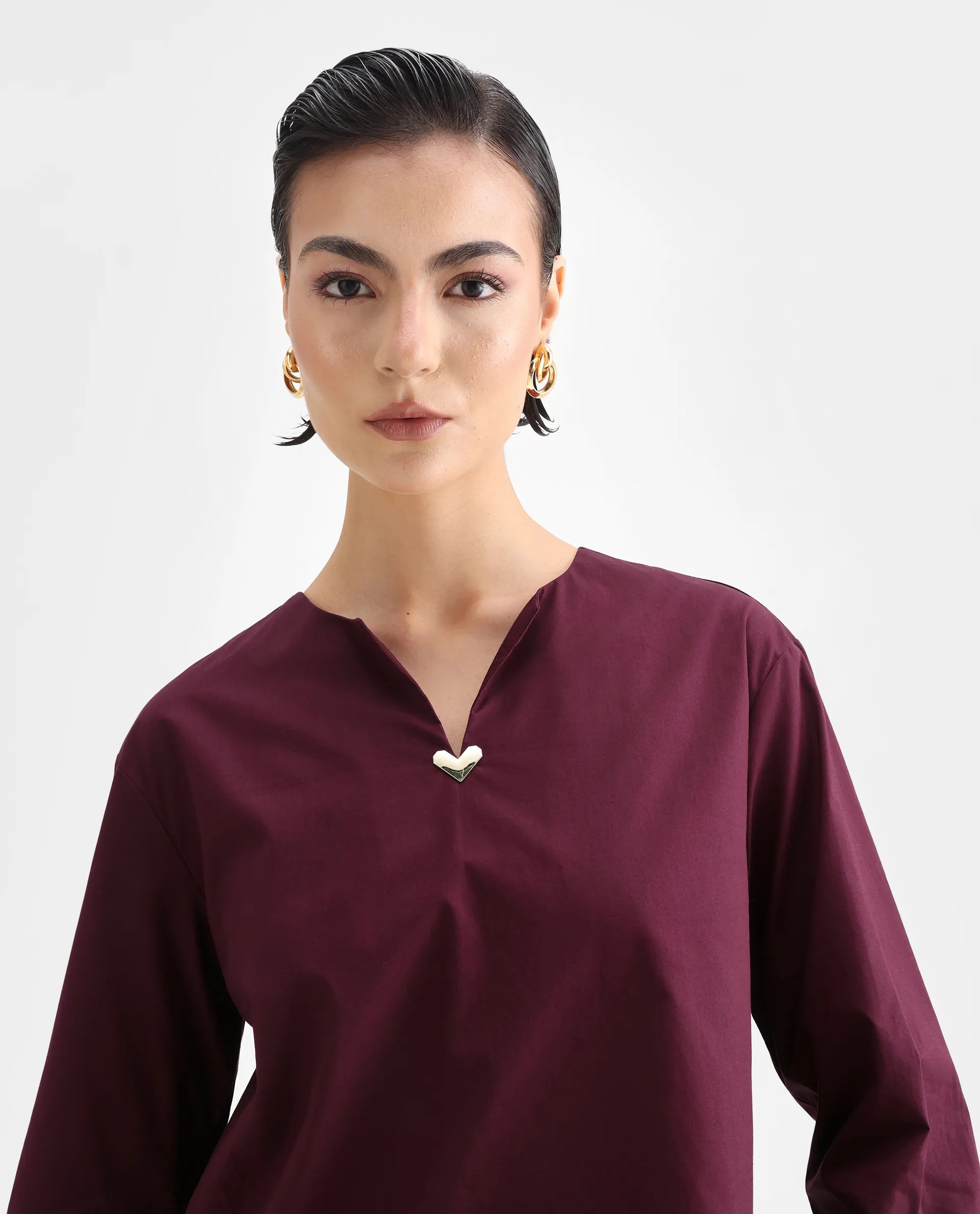 Rareism Women's Nura Maroon Cotton Cuffed Sleeve Collared Neck Regular Fit Top