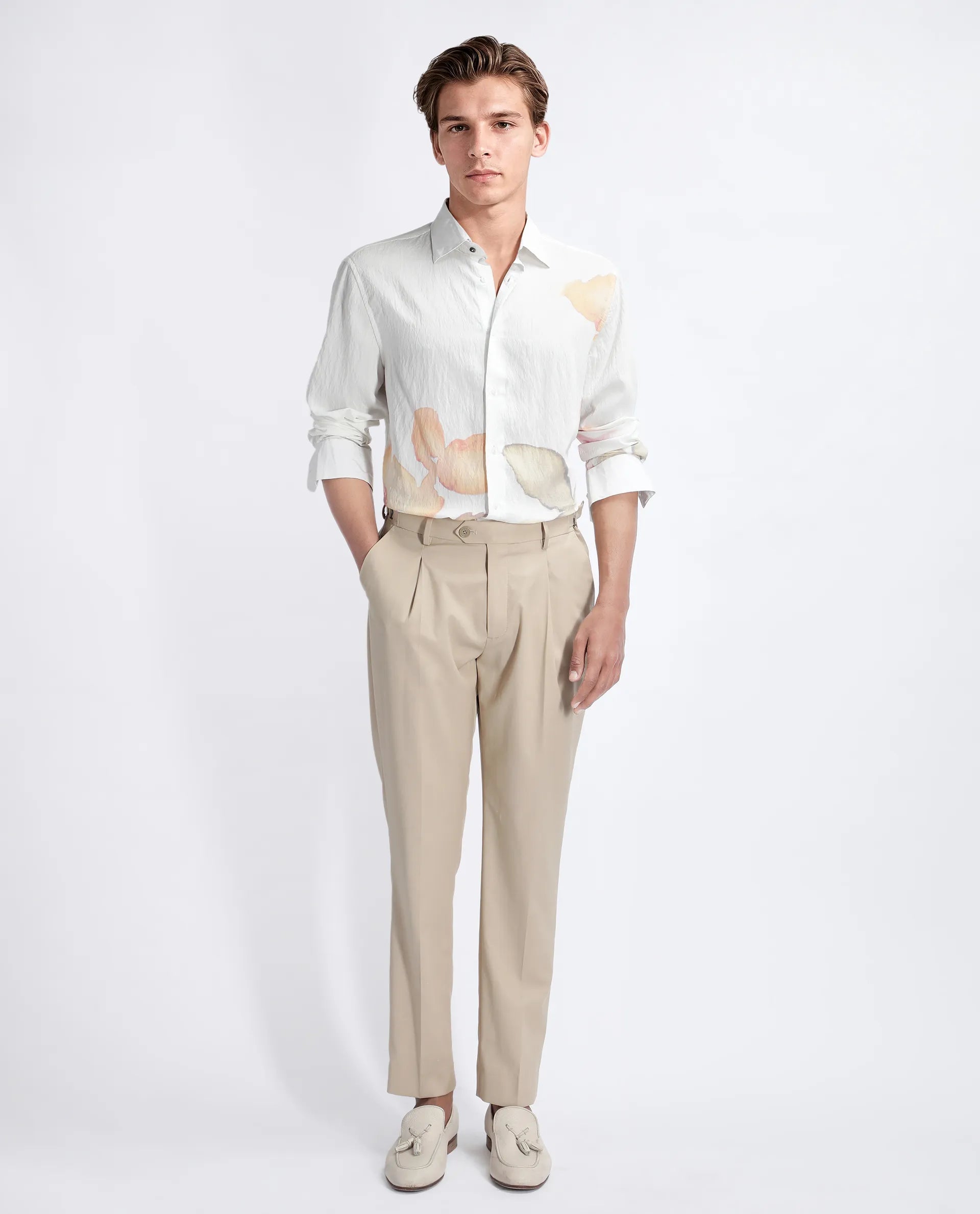 Rare Rabbit Men's Nura White Viscose Floral Print Regular Fit Full Sleeve Collared Shirt