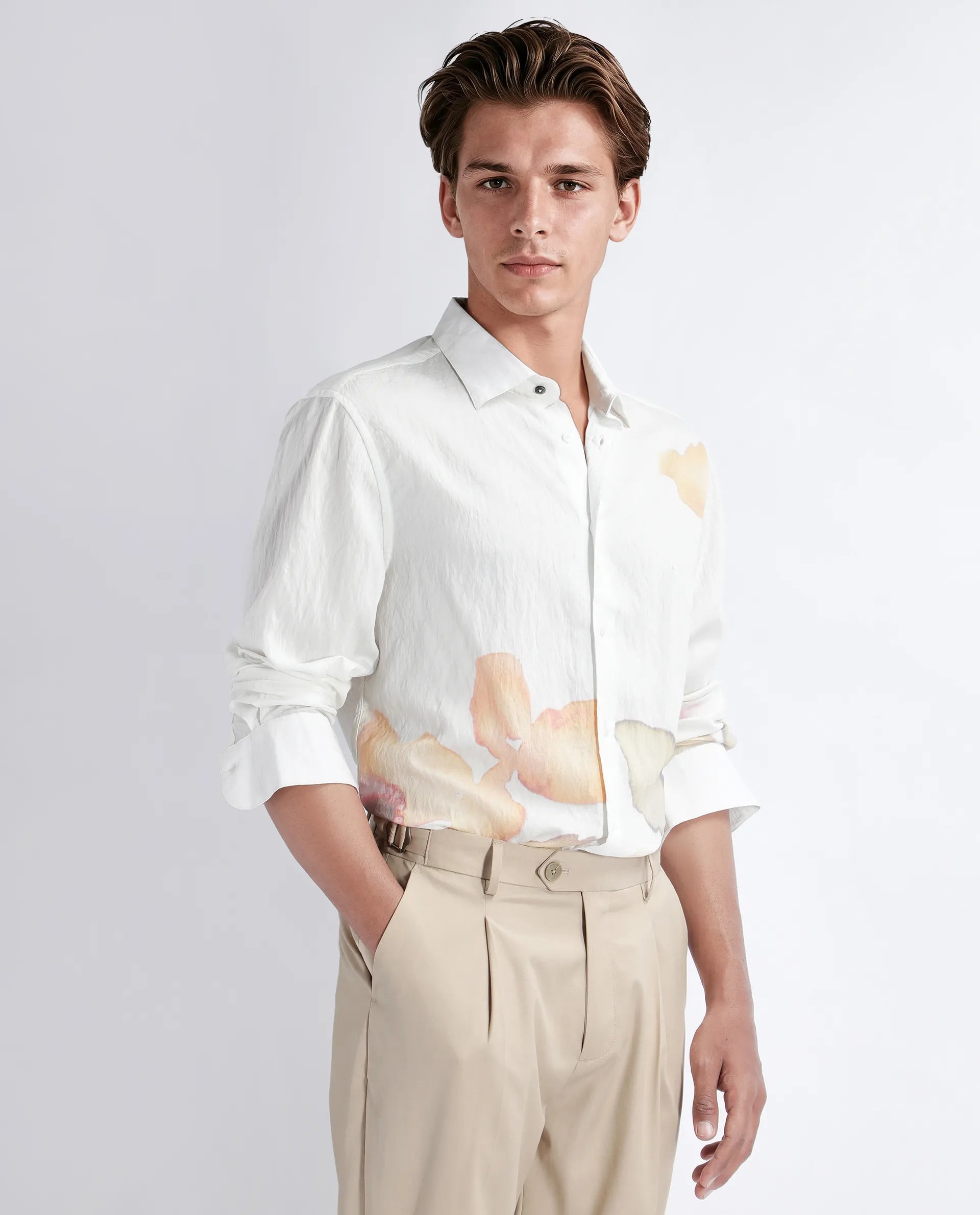 Rare Rabbit Men's Nura White Viscose Floral Print Regular Fit Full Sleeve Collared Shirt