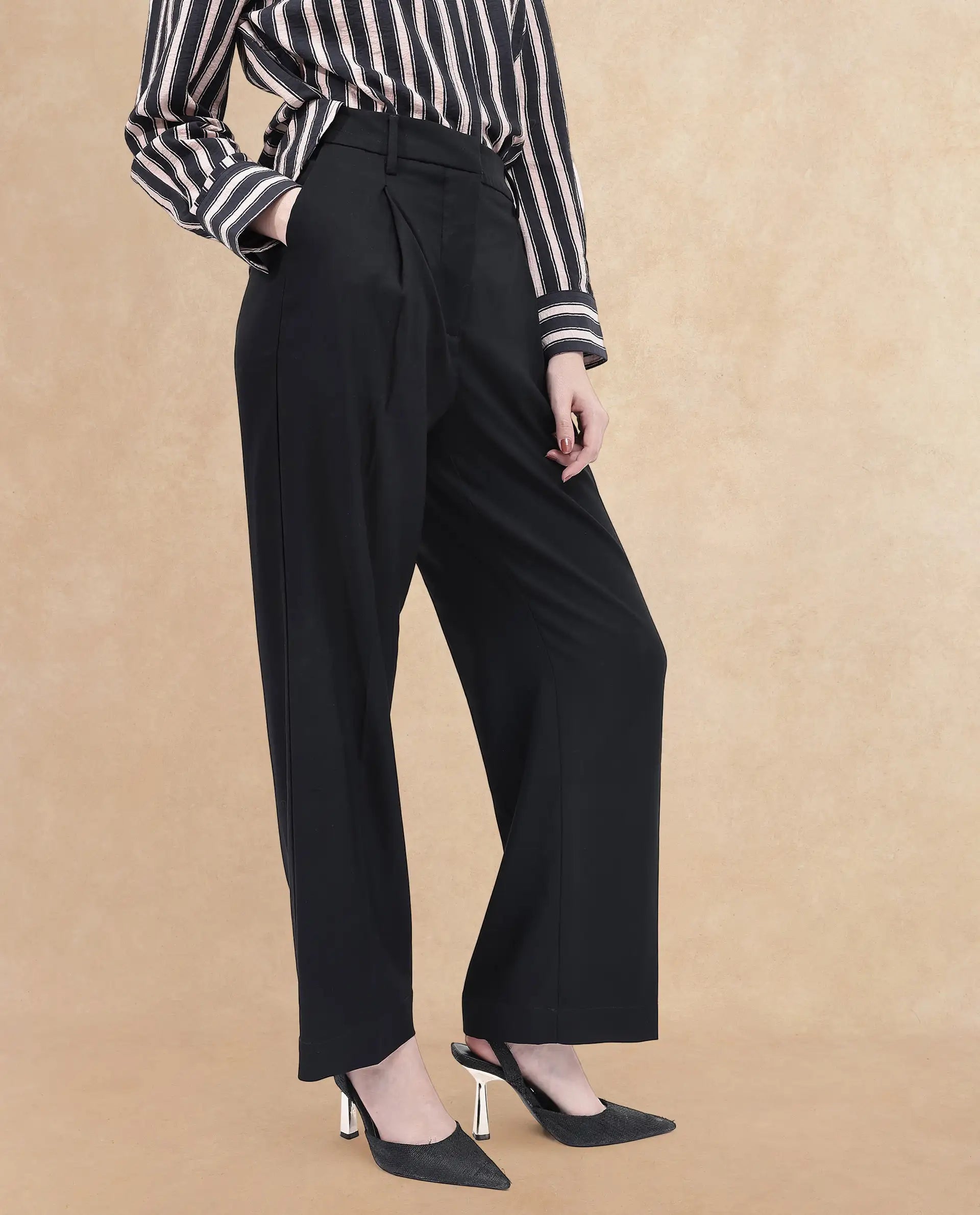 Rareism Women Nuray -SCBlack Cotton Fabric Zipper Closure Solid Regular Fit Trouser