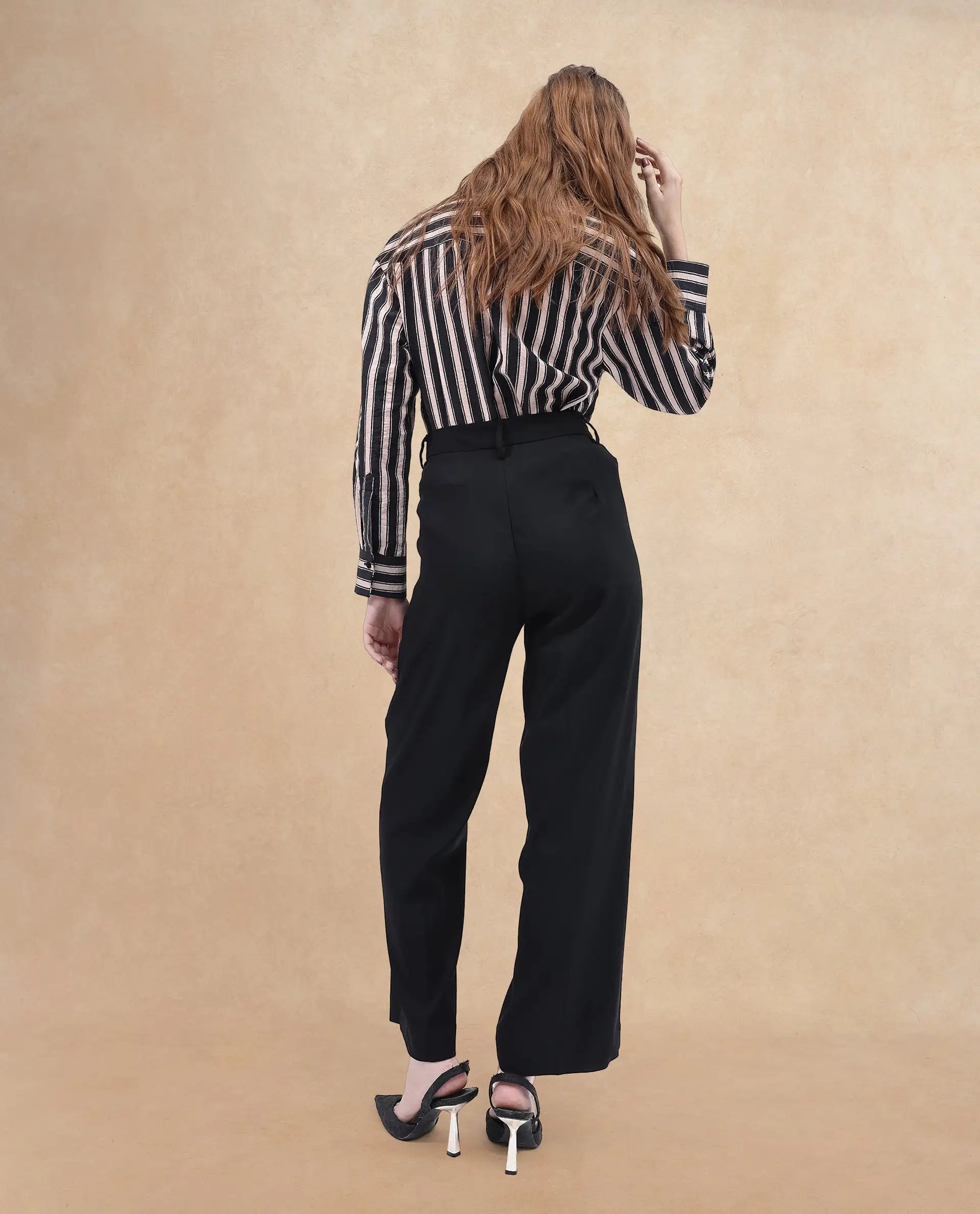 Rareism Women Nuray -SCBlack Cotton Fabric Zipper Closure Solid Regular Fit Trouser