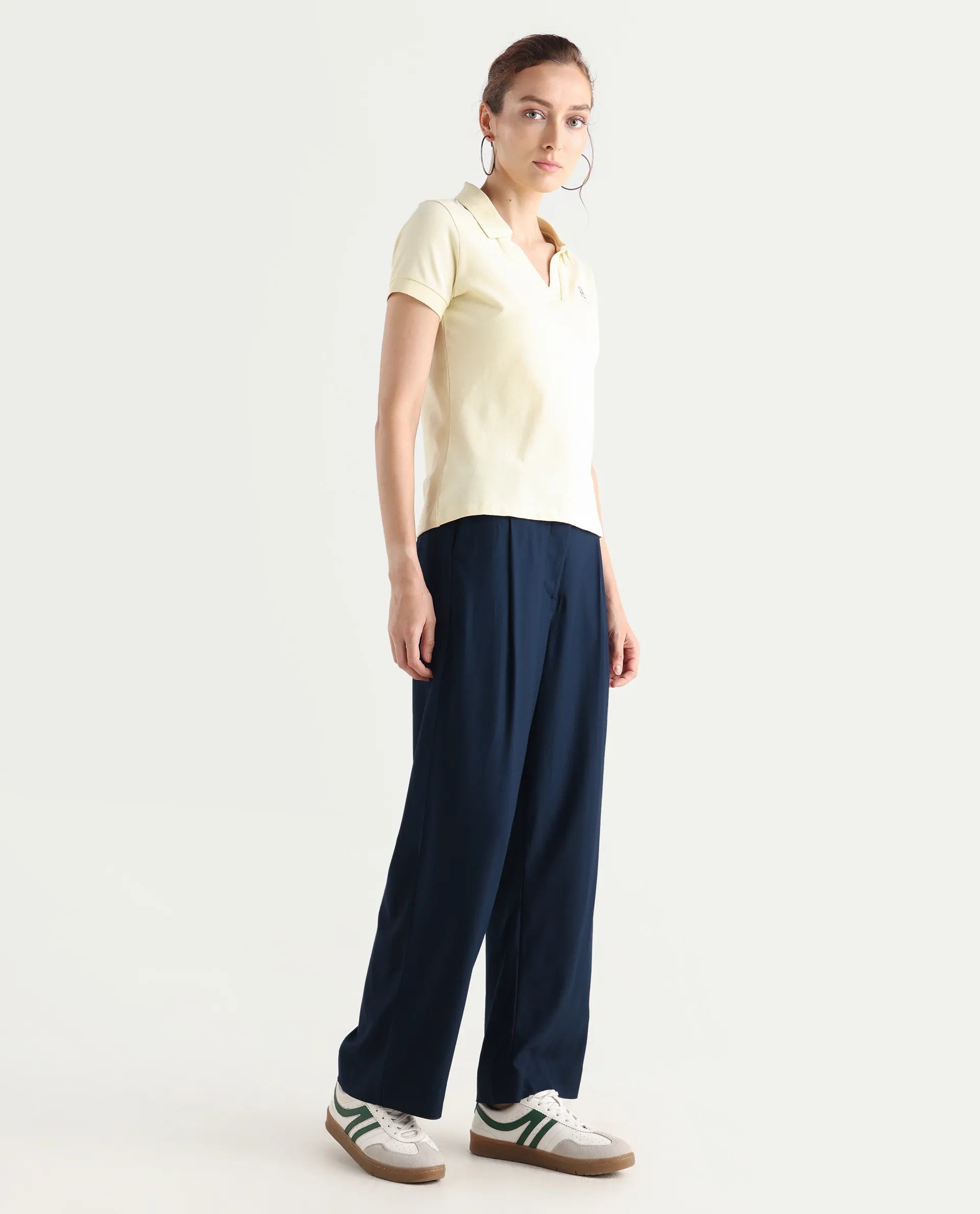 Rareism Women's Nuray Navy Cotton Plain Ankle Length Straight Fit Trouser