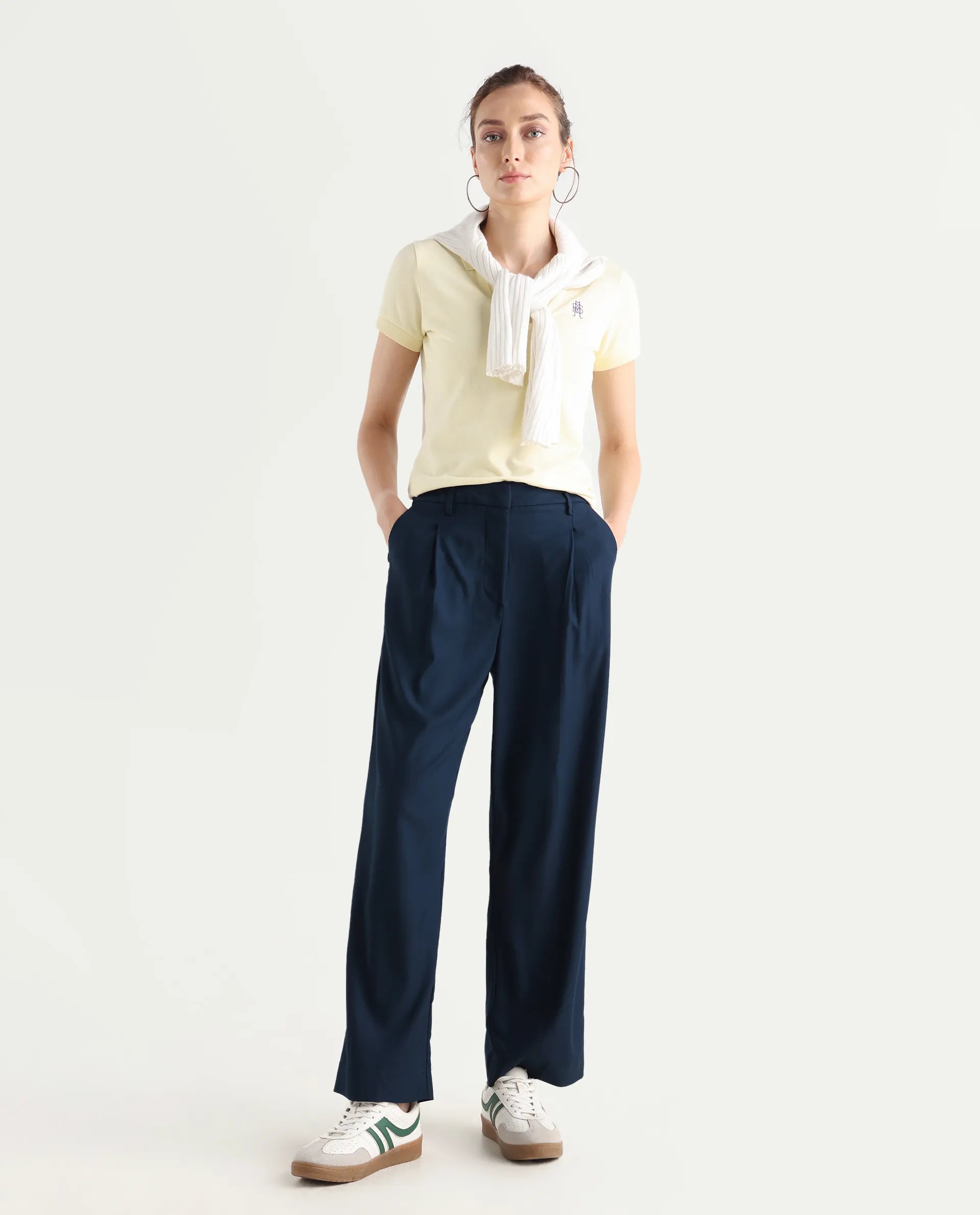 Rareism Women's Nuray Navy Cotton Plain Ankle Length Straight Fit Trouser