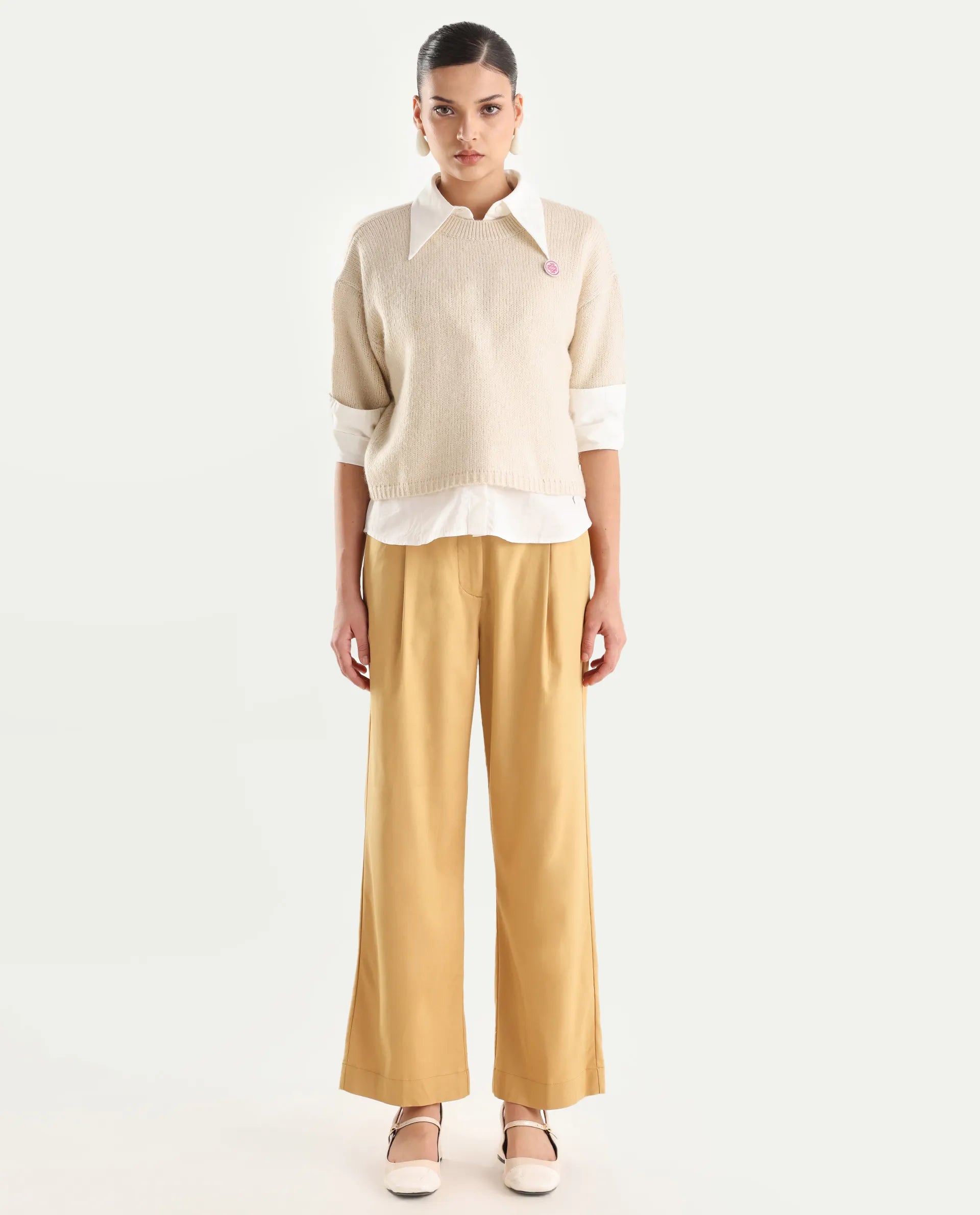 Rareism Women's Nuray Tan Cotton Plain Ankle Length Straight Fit Trouser