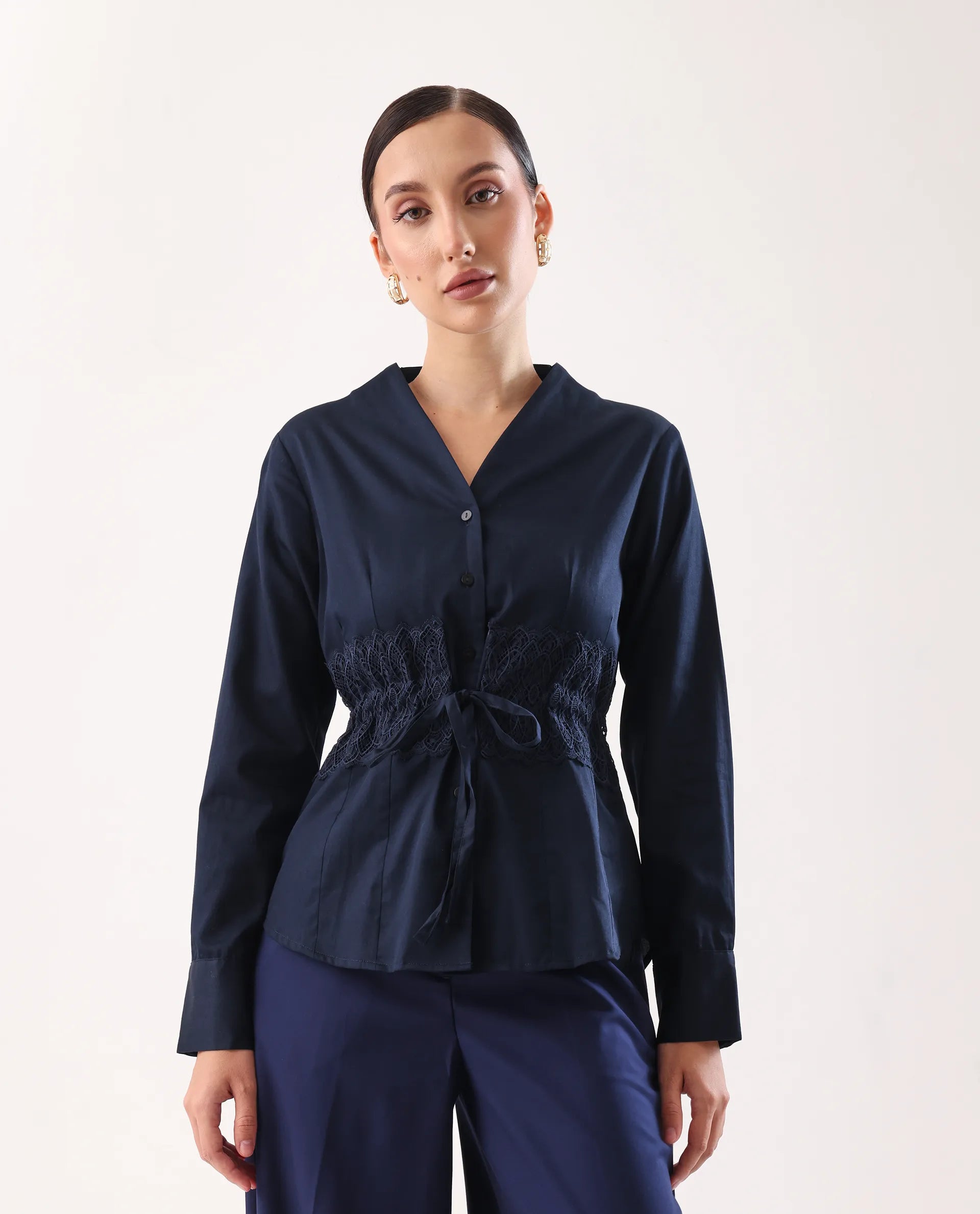 Rareism Women's Nurem Navy Cotton Cuffed Sleeve Built-Up Collar Regular Fit Plain Top