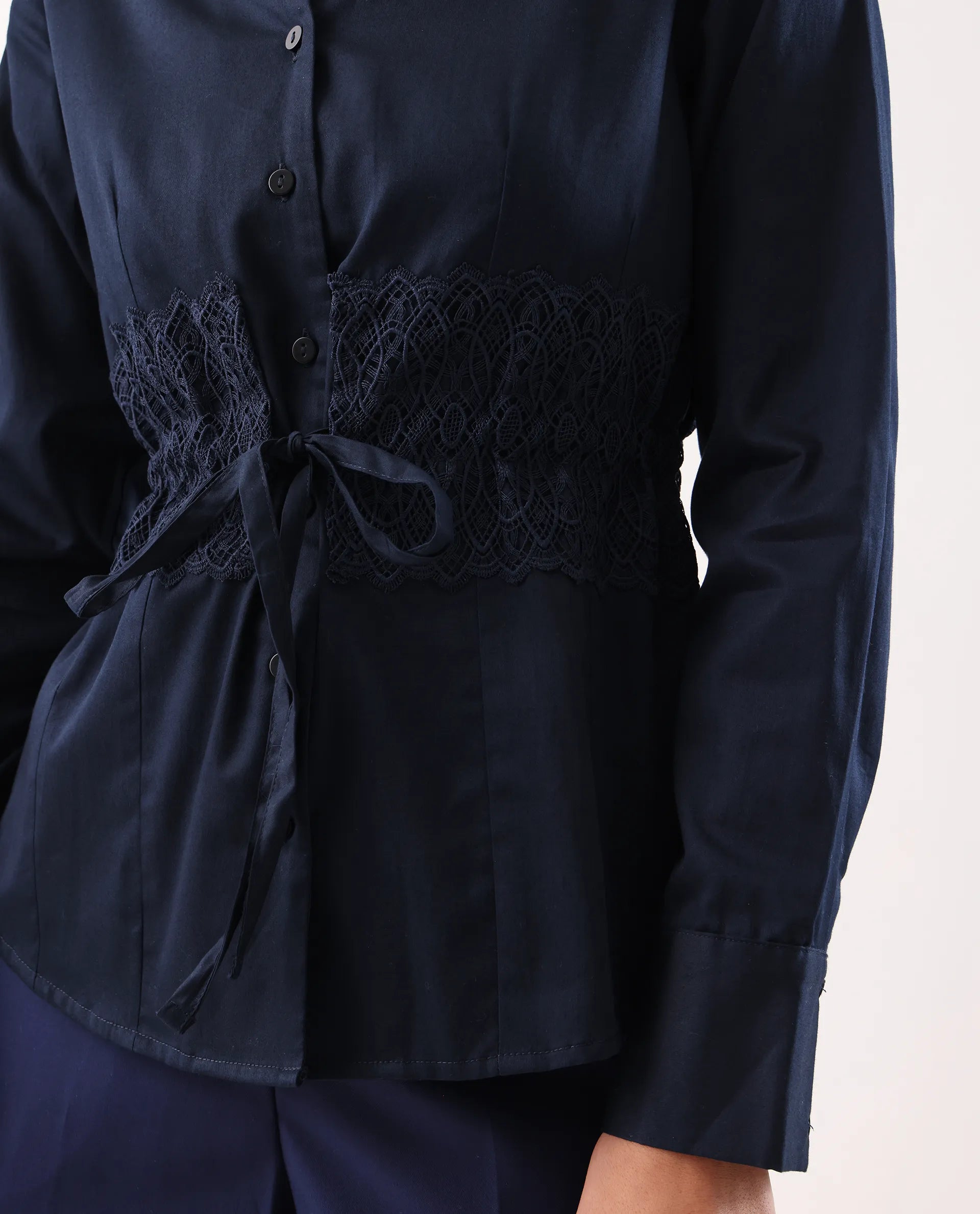 Rareism Women's Nurem Navy Cotton Cuffed Sleeve Built-Up Collar Regular Fit Plain Top