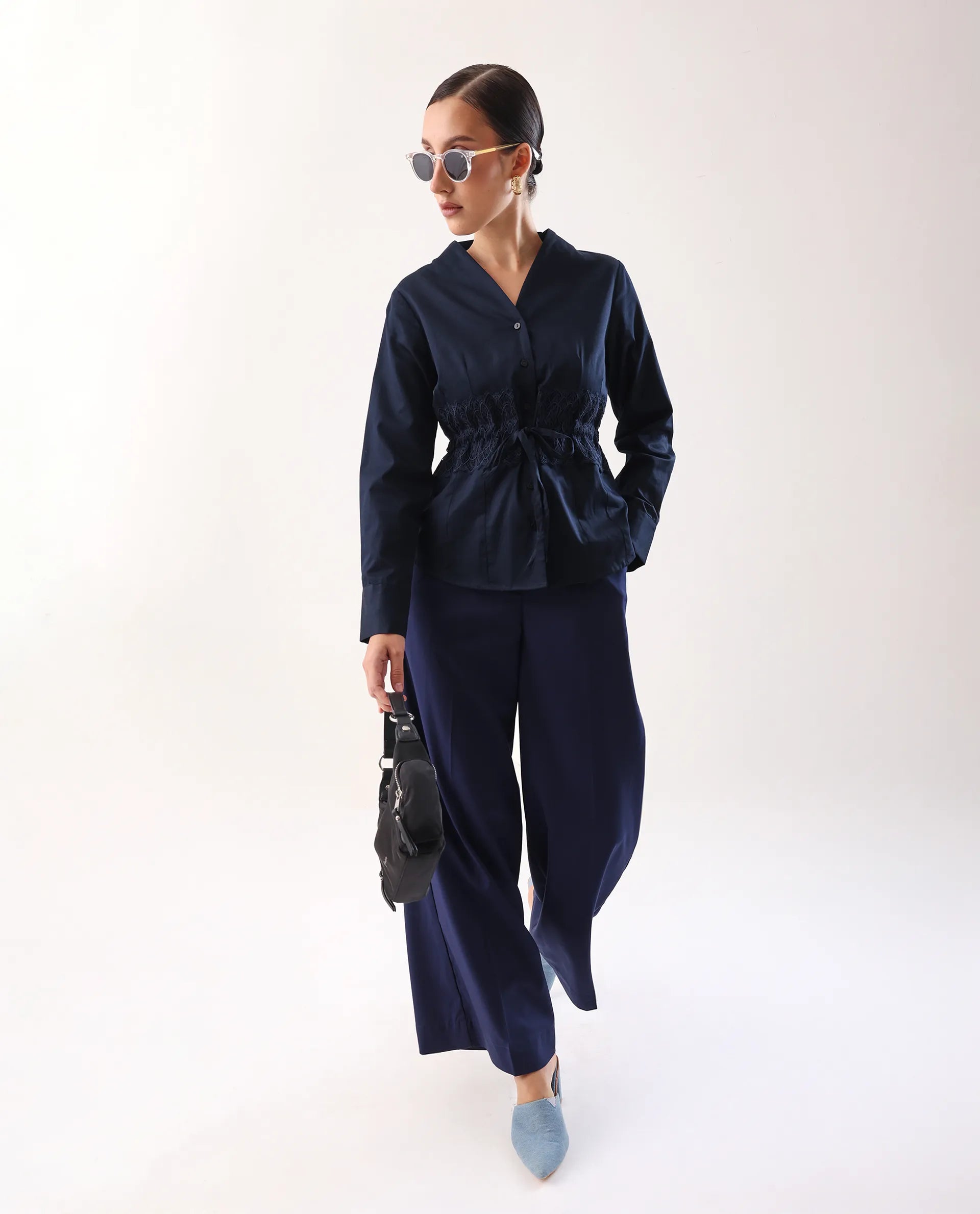 Rareism Women's Nurem Navy Cotton Cuffed Sleeve Built-Up Collar Regular Fit Plain Top