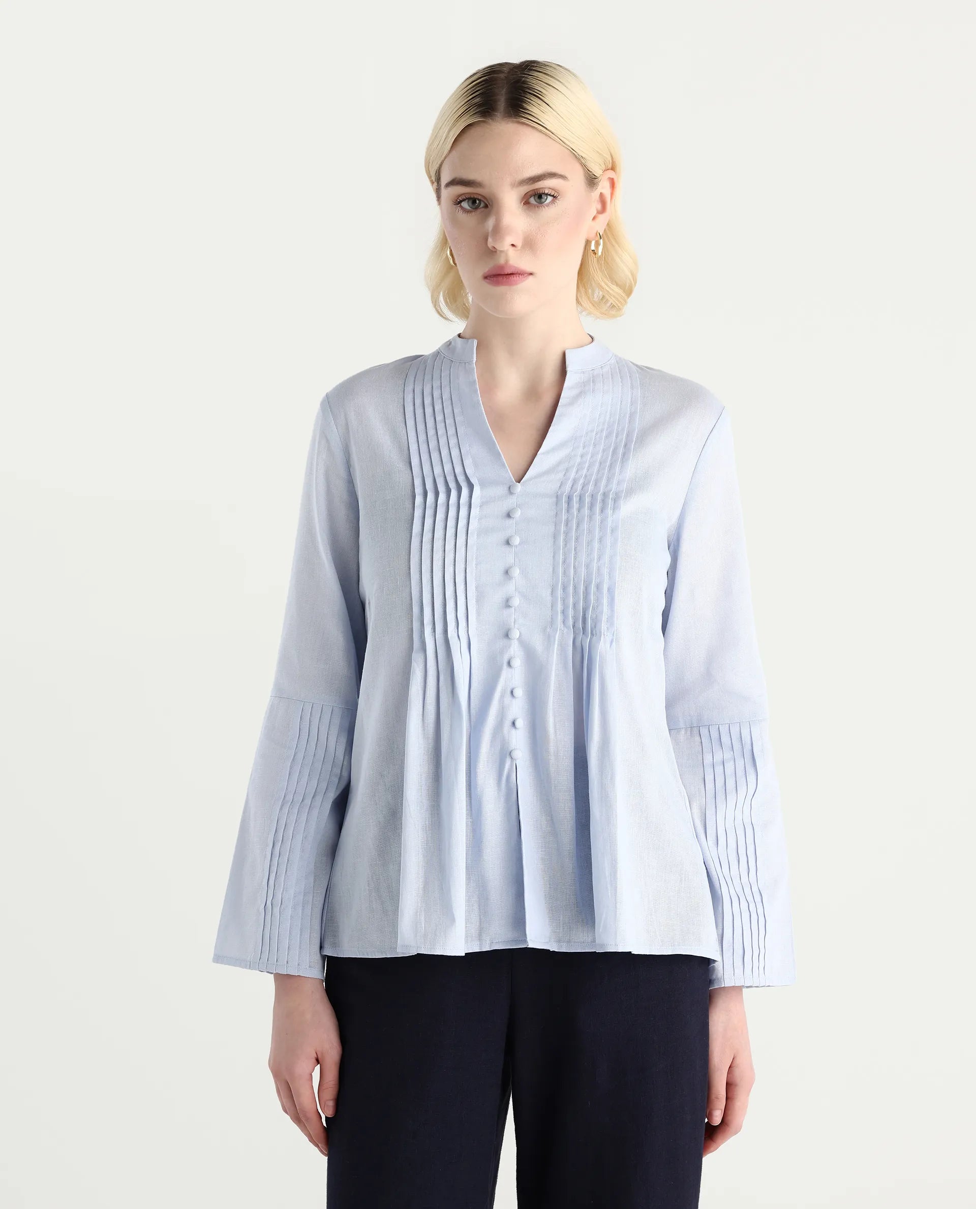 Rareism Women Nuron Blue Mandarin Collar Button Closure Relaxed Fit Plain Top
