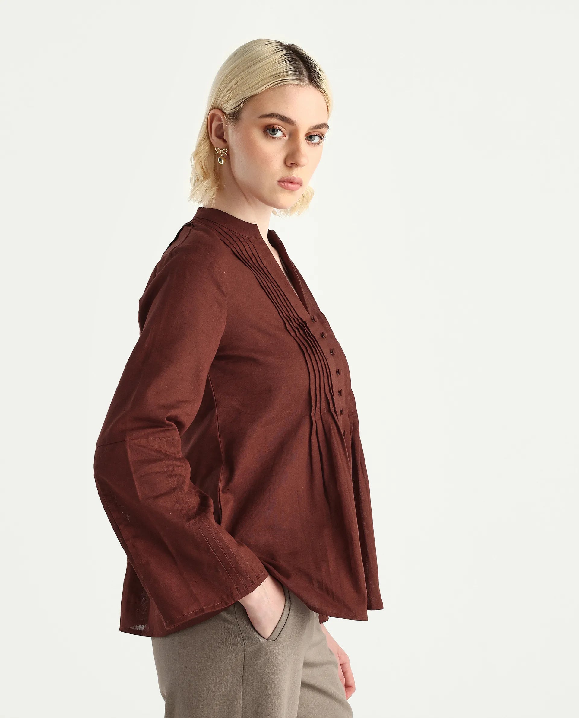 Rareism Women's Nuron Brown Cotton Blend Bell Sleeves Mandarin Collar Relaxed Fit Plain Top