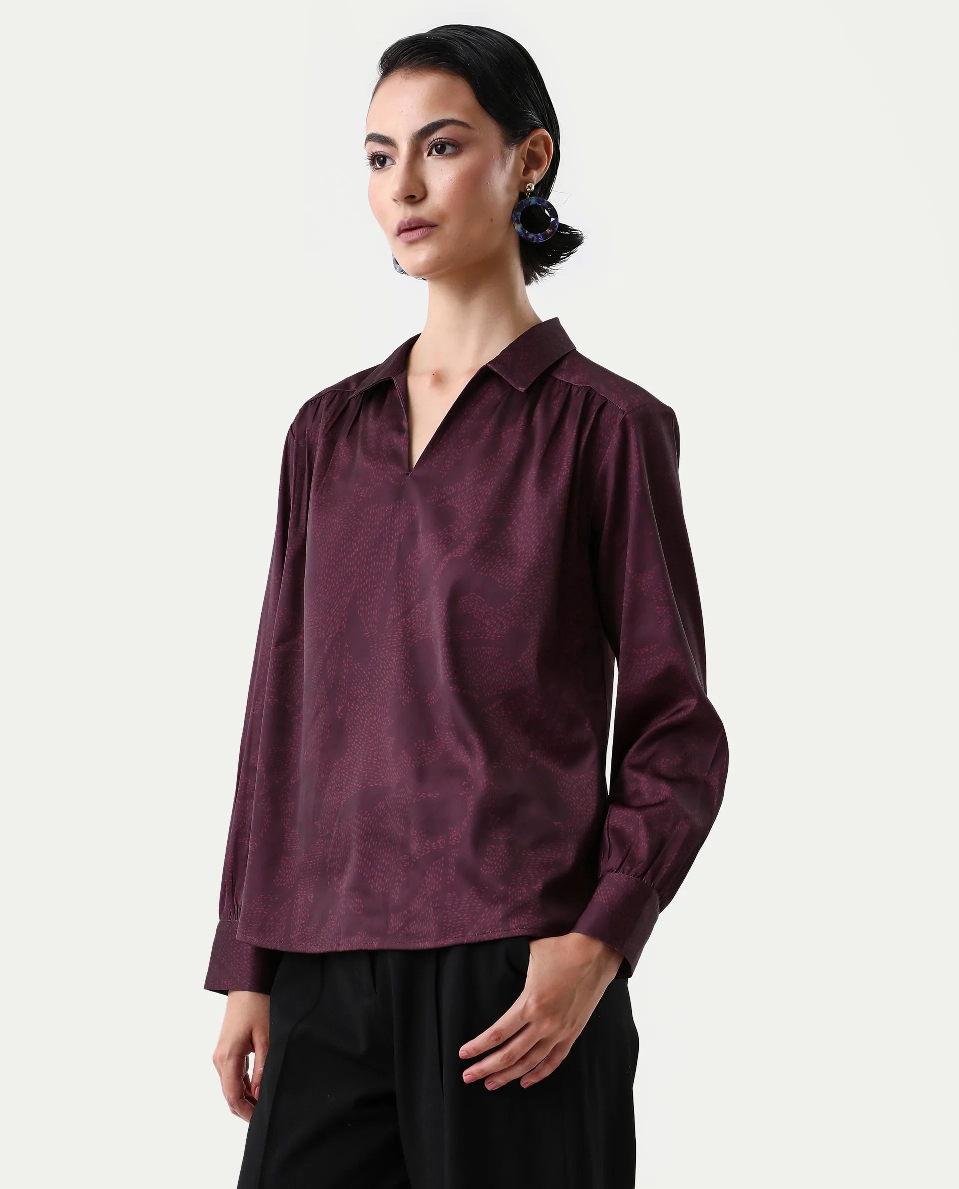 Rareism Women's Nusa Maroon Polyester Cuffed Sleeve Collared Neck Regular Fit Top