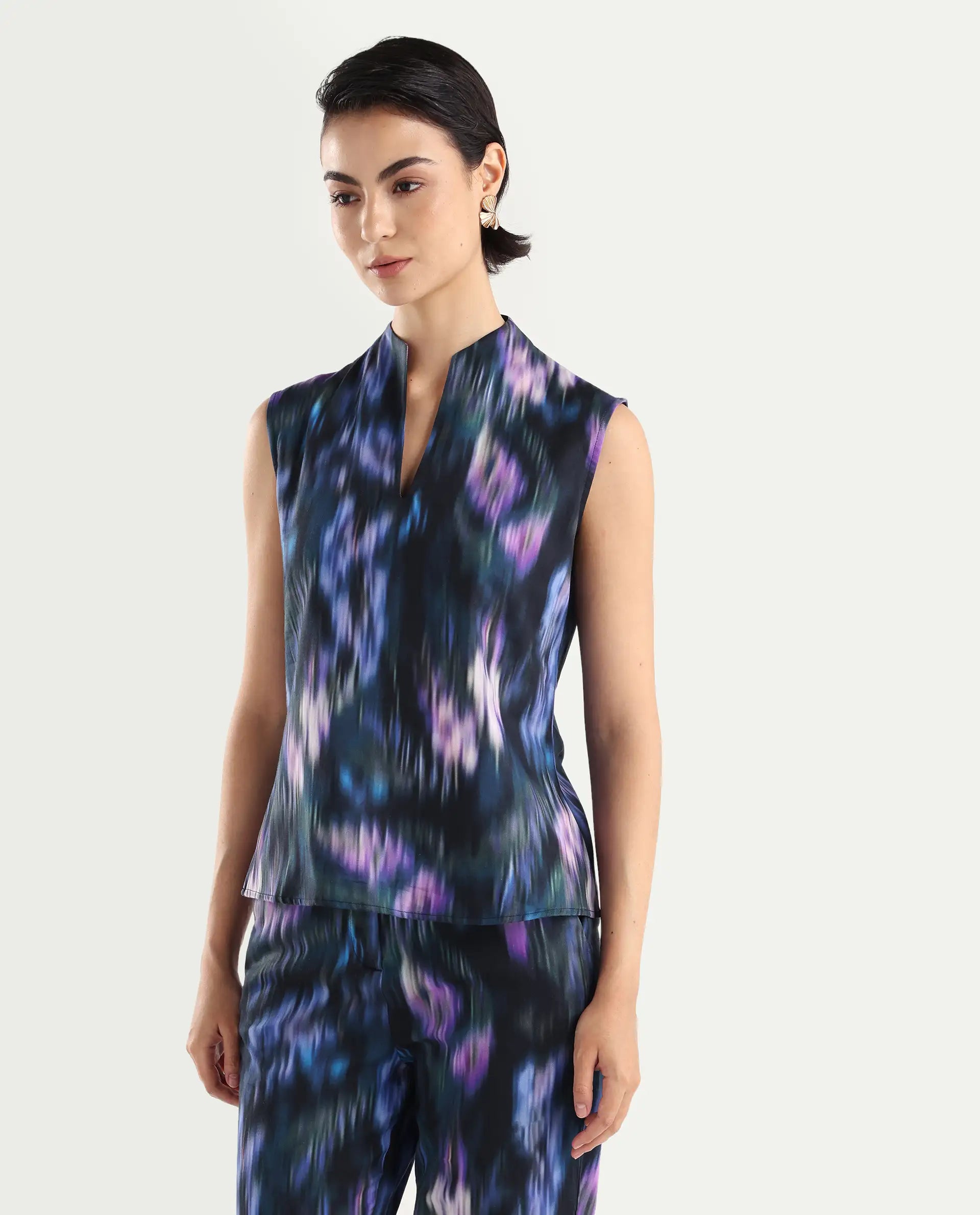 Rareism Women's Nushi T Navy Cotton Build Up Neck Regular Fit Top