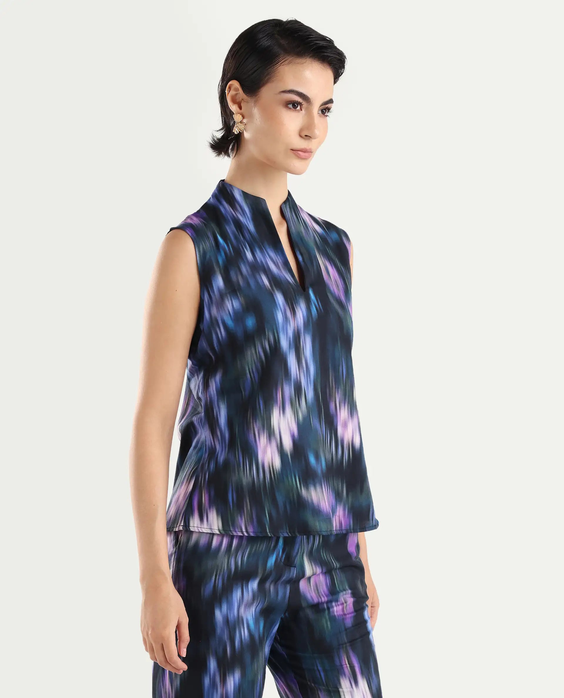 Rareism Women's Nushi T Navy Cotton Build Up Neck Regular Fit Top