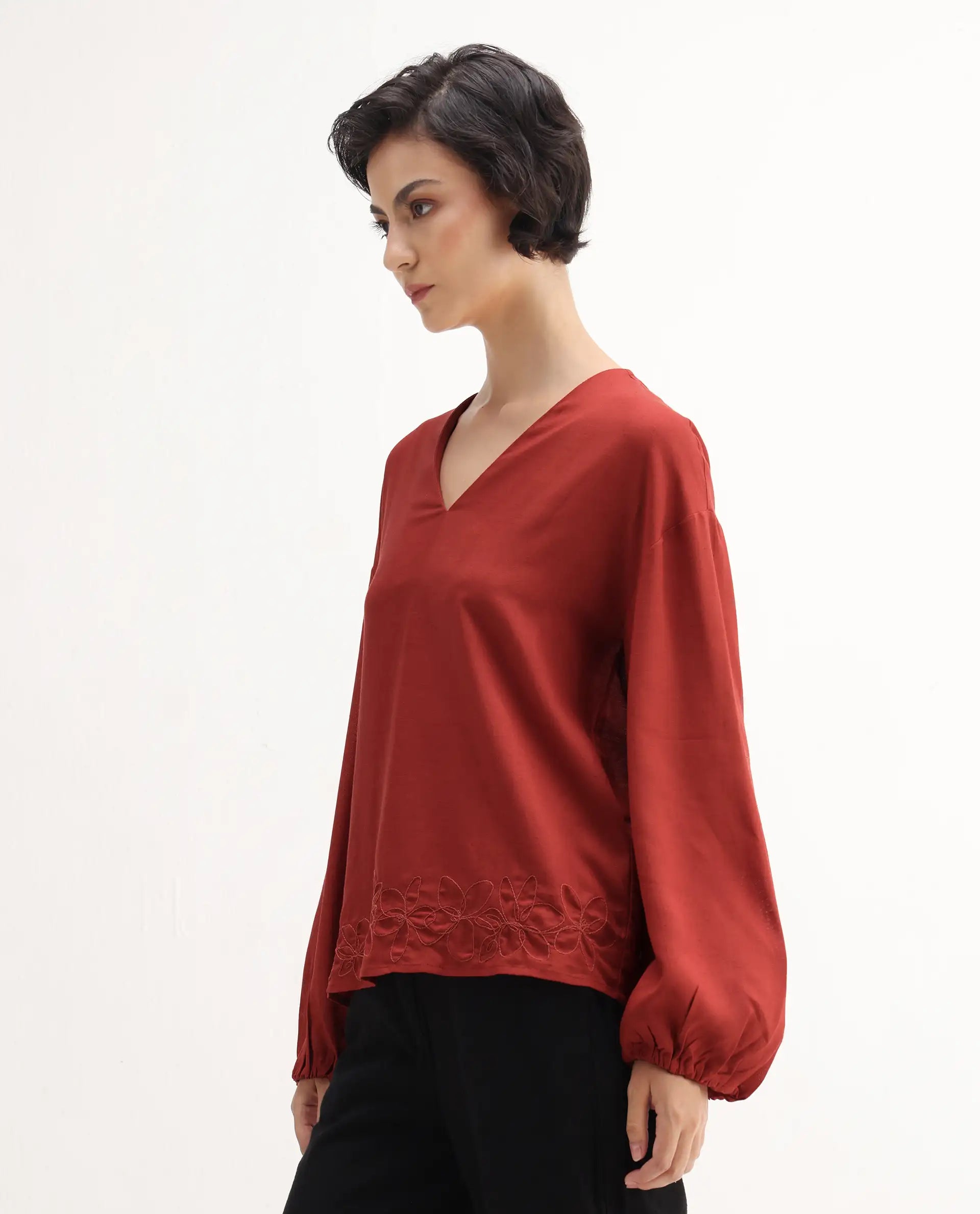 Rareism Women's Nuvix Rust Viscose Blend Bishop Sleeve V-Neck Regular Fit Plain Top