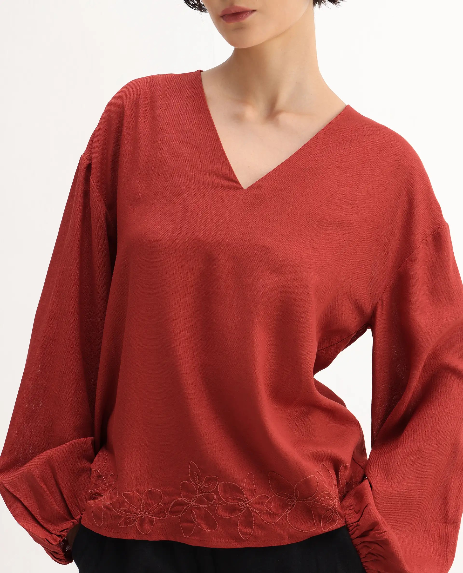 Rareism Women's Nuvix Rust Viscose Blend Bishop Sleeve V-Neck Regular Fit Plain Top