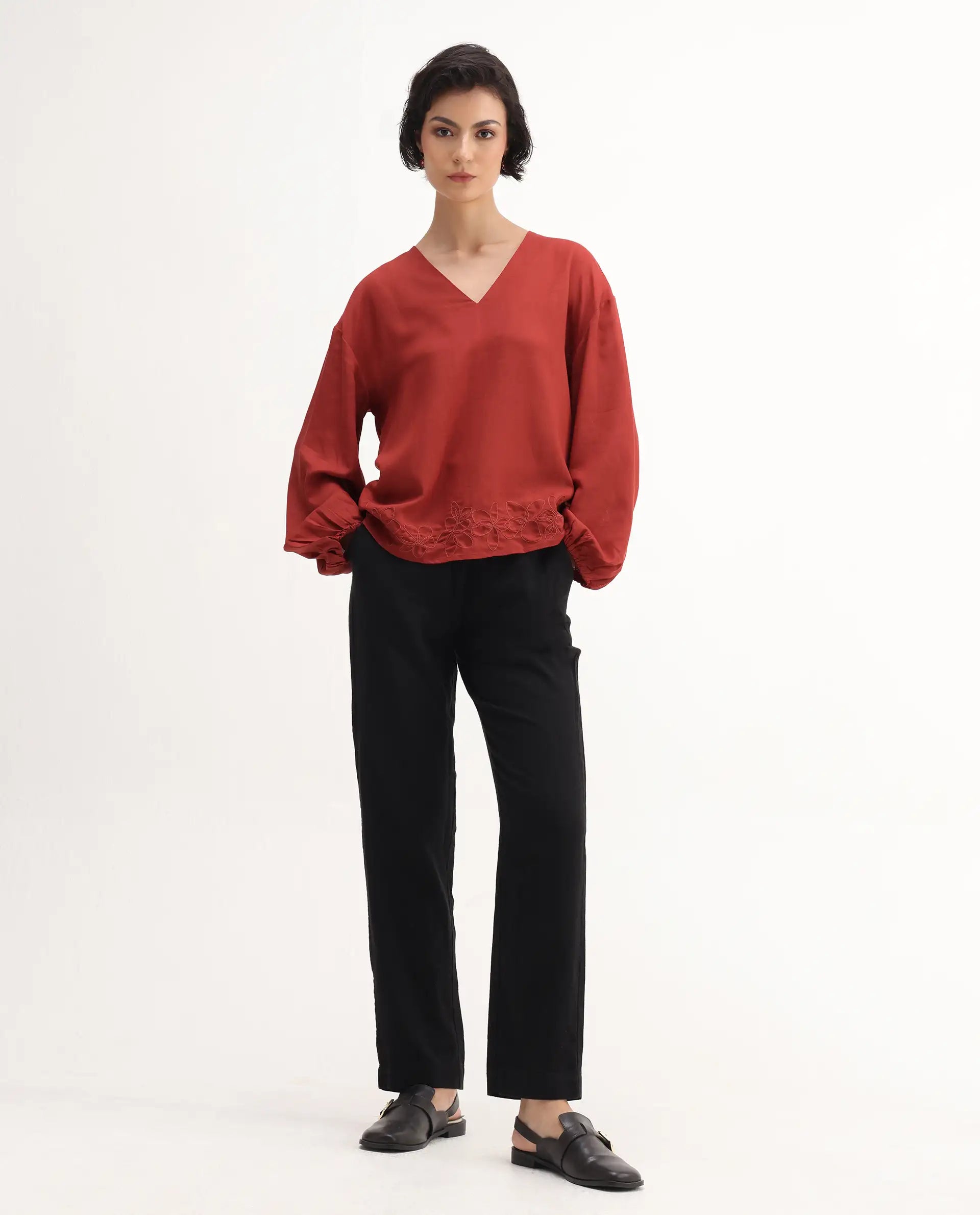 Rareism Women's Nuvix Rust Viscose Blend Bishop Sleeve V-Neck Regular Fit Plain Top