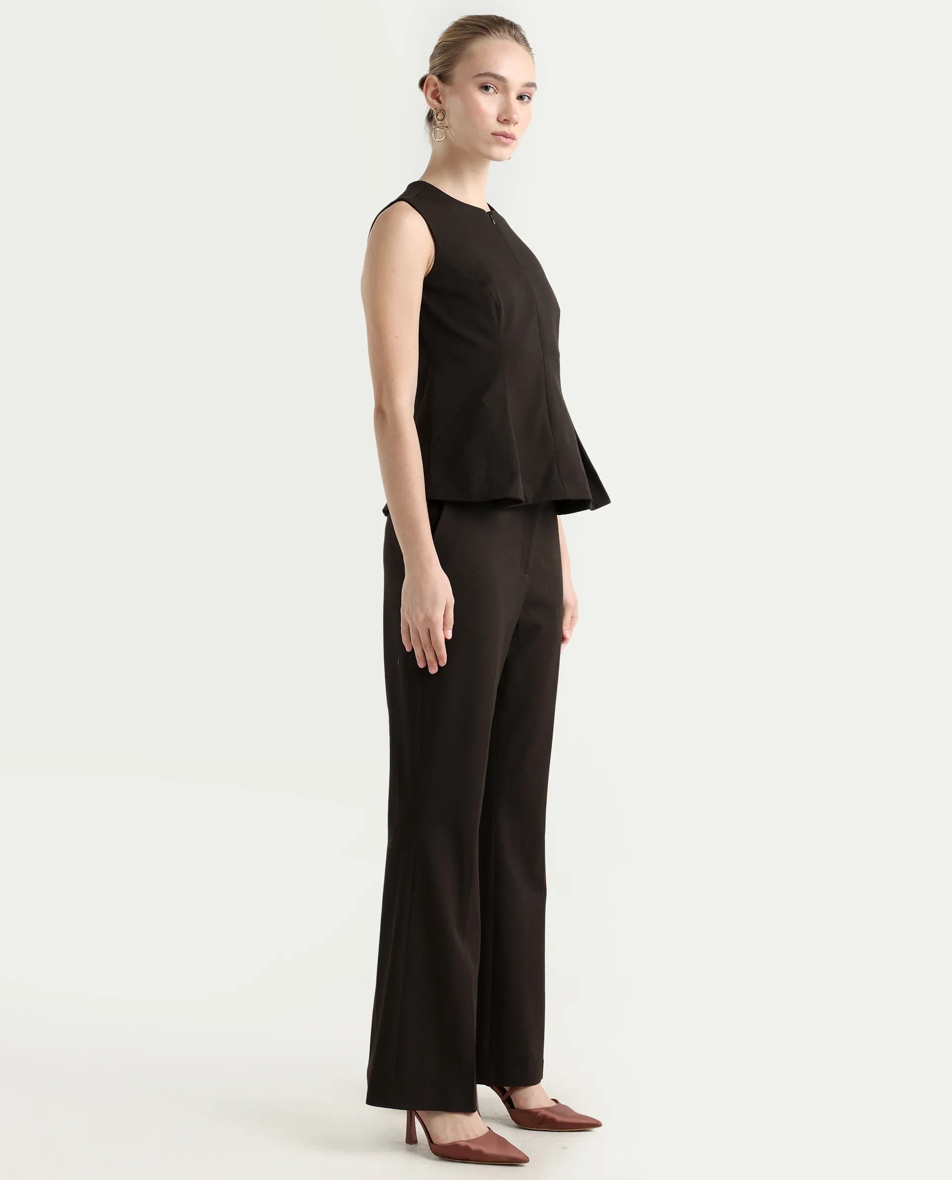 Rareism Women's Nuzor-B Dark Brown Polyester Blend Bootcut Plain Trouser
