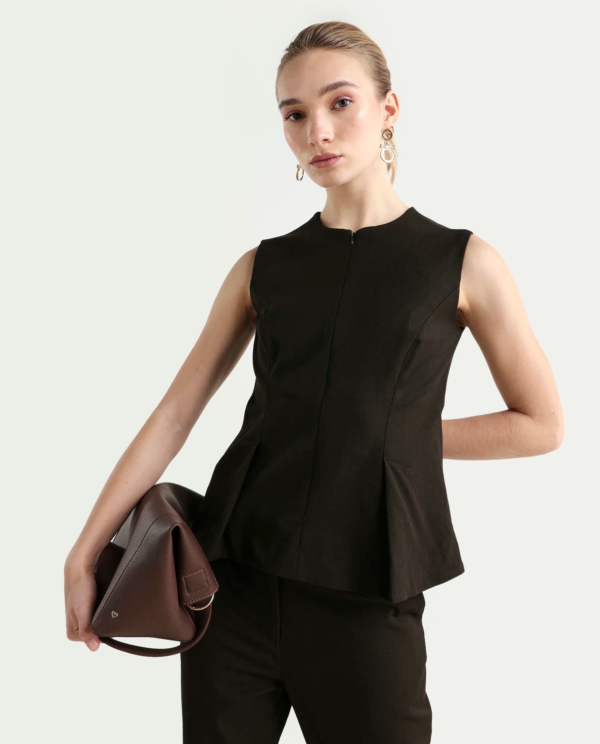 Rareism Woman Nuzor-T Dark Brown Polyester Blend Solid Fitted Top