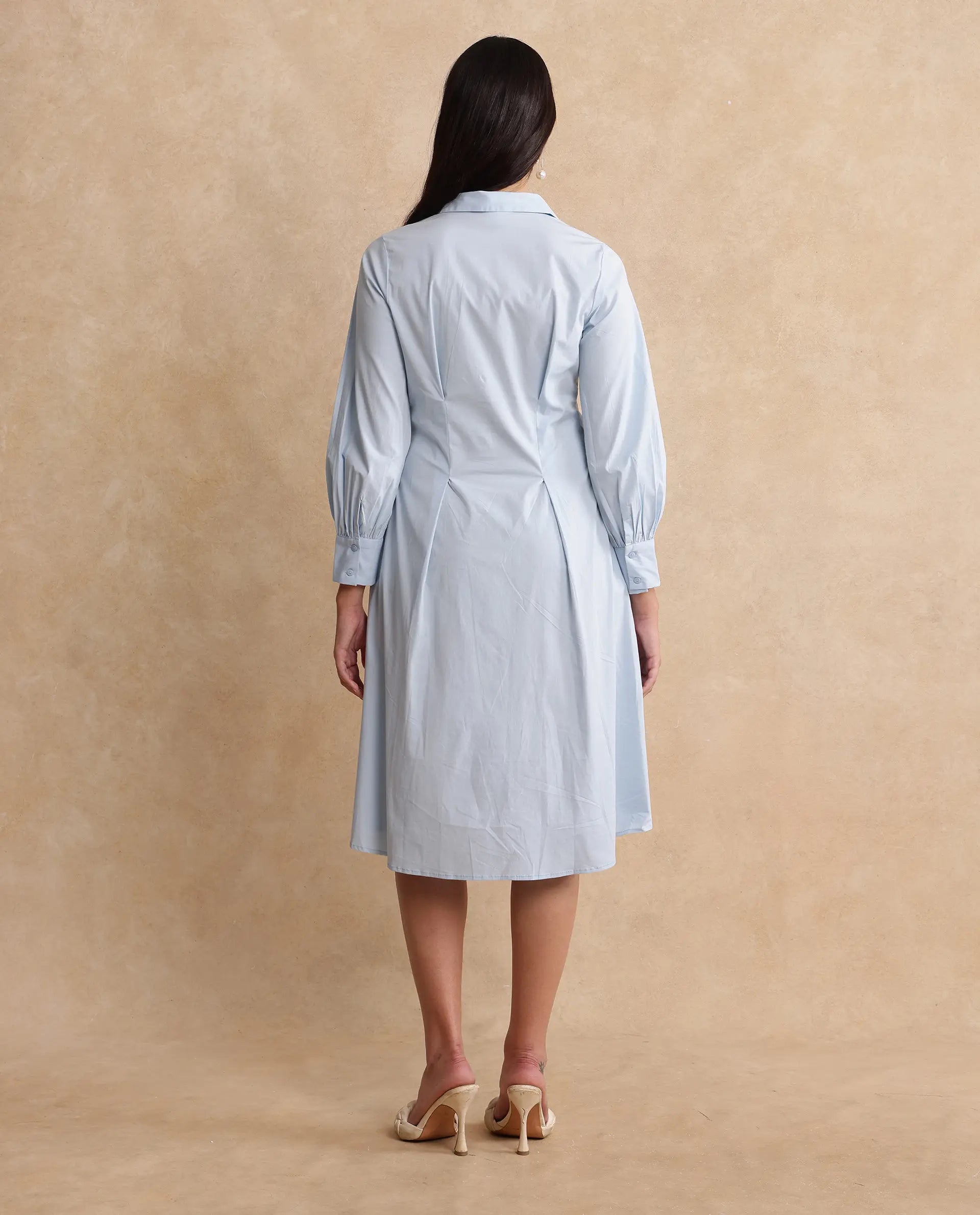 Rareism Women Nysom Light Blue Cotton Blend Fabric Bishop Sleeve Collared Neck Button Closure Fit And Flare Midi Plain Dress