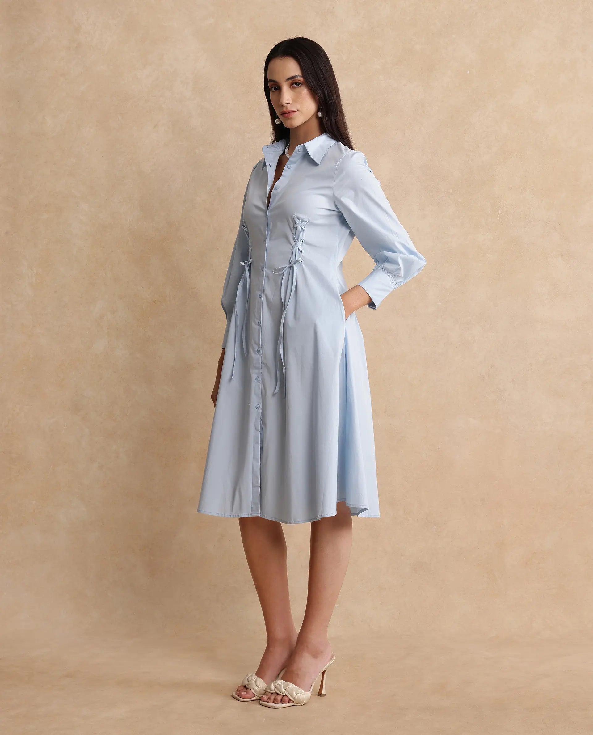 Rareism Women Nysom Light Blue Cotton Blend Fabric Bishop Sleeve Collared Neck Button Closure Fit And Flare Midi Plain Dress