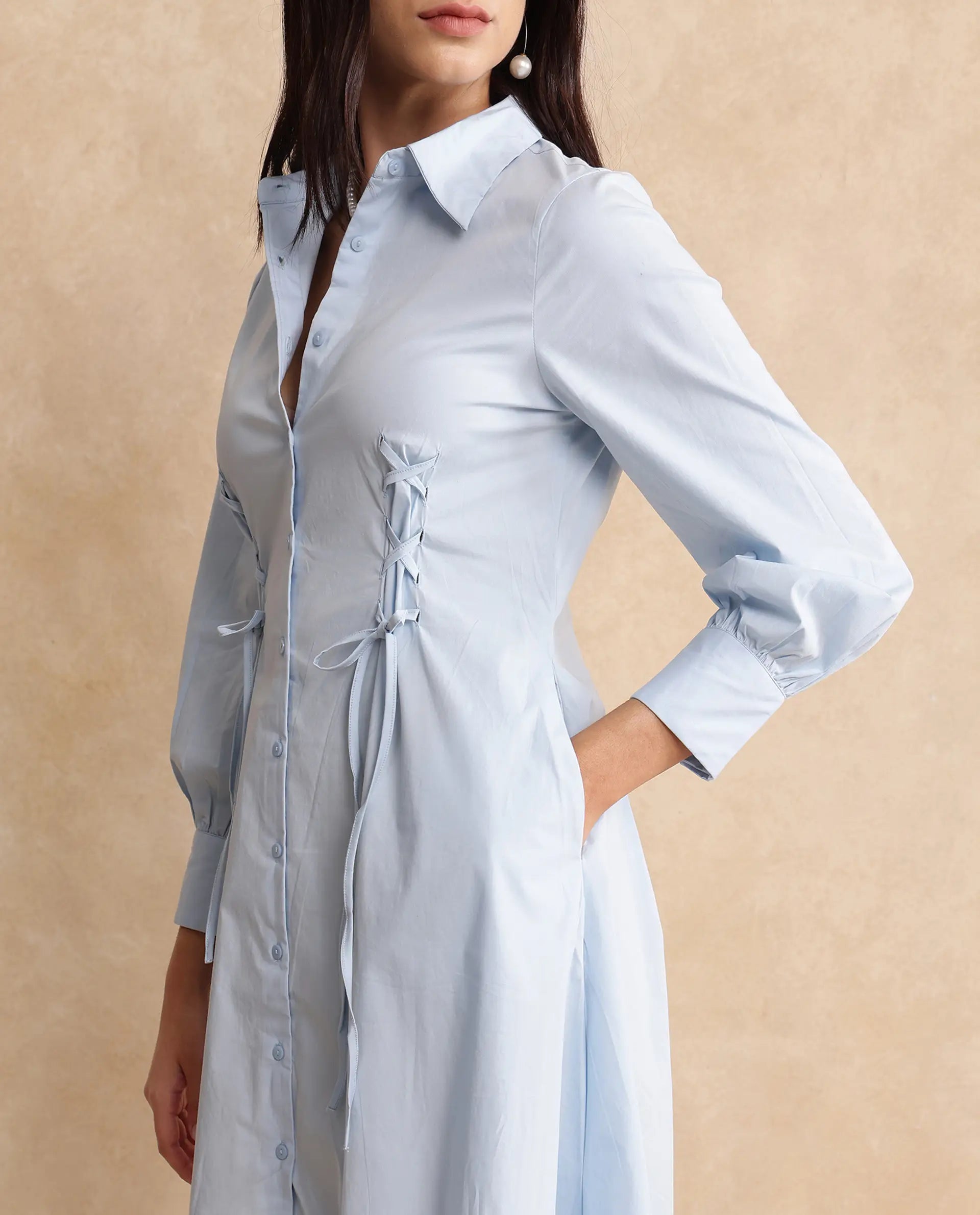 Rareism Women Nysom Light Blue Cotton Blend Fabric Bishop Sleeve Collared Neck Button Closure Fit And Flare Midi Plain Dress