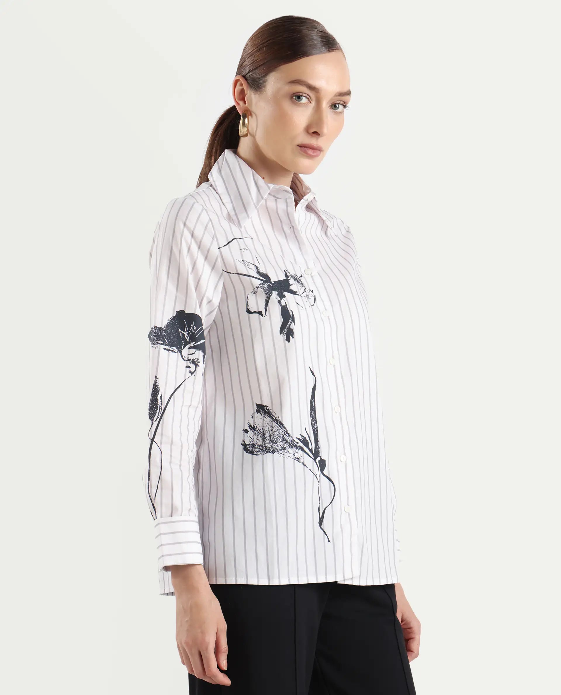 Rareism Women's Nzingat White Cotton Spread Collar Floral Print Cuffed Sleeve Regular Fit Shirt