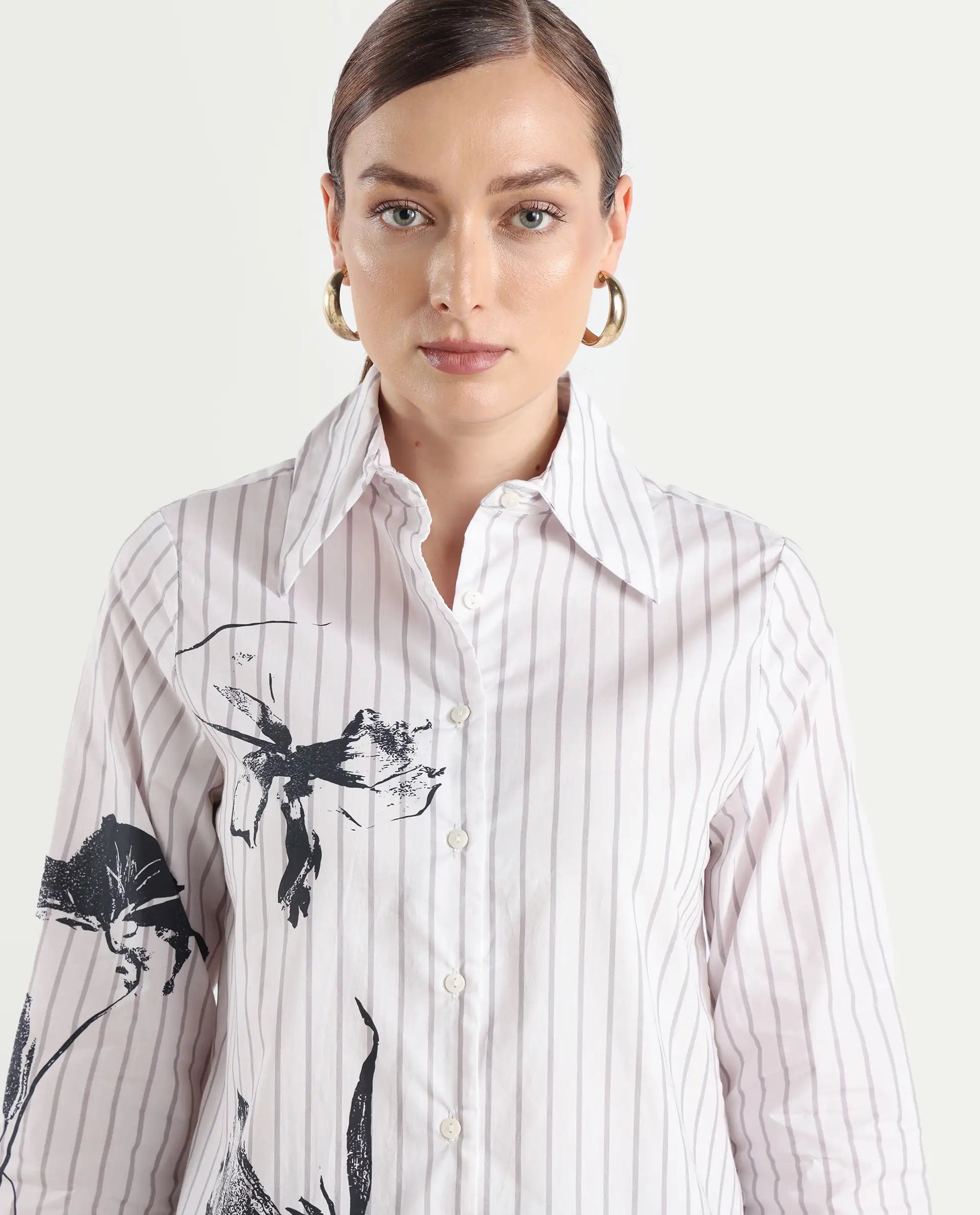 Rareism Women's Nzingat White Cotton Spread Collar Floral Print Cuffed Sleeve Regular Fit Shirt