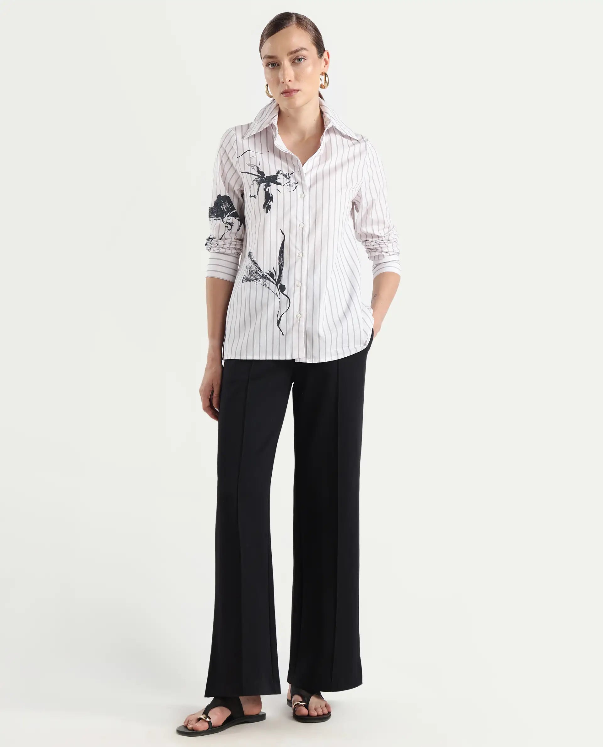 Rareism Women's Nzingat White Cotton Spread Collar Floral Print Cuffed Sleeve Regular Fit Shirt