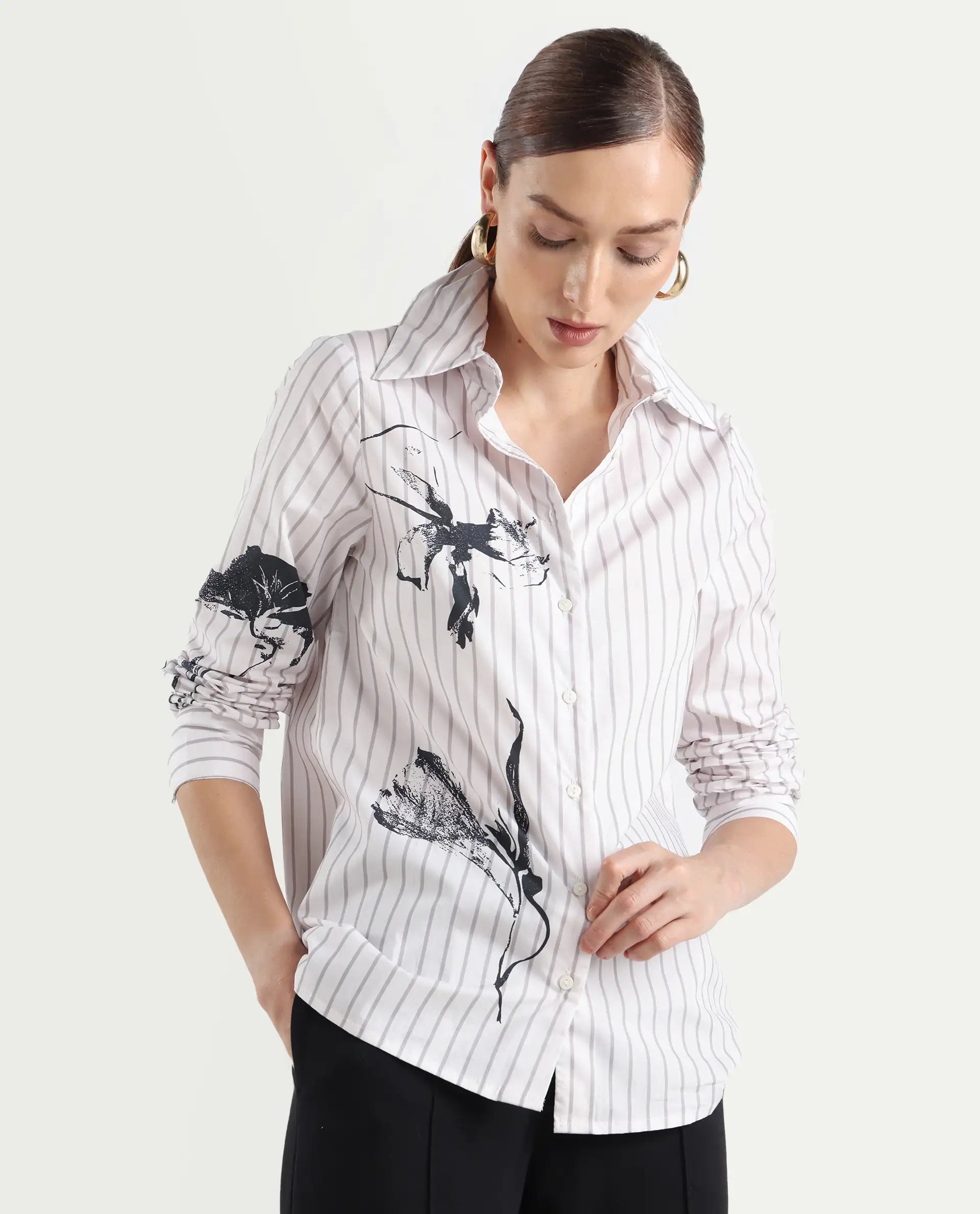 Rareism Women's Nzingat White Cotton Spread Collar Floral Print Cuffed Sleeve Regular Fit Shirt