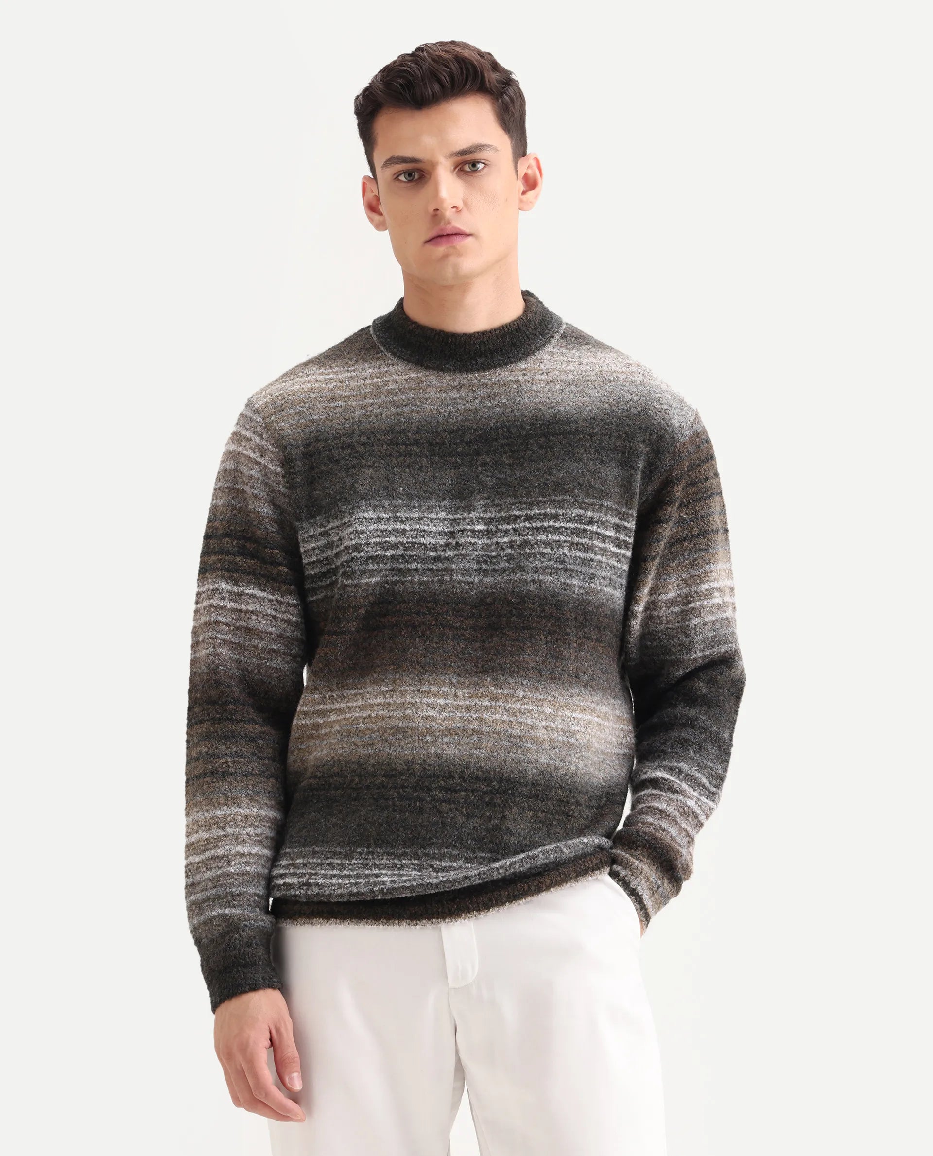 Rare Rabbit Men's Nemot Dark Grey Cotton Colorblock Regular Fit Full Sleeve Crew Neck Sweater
