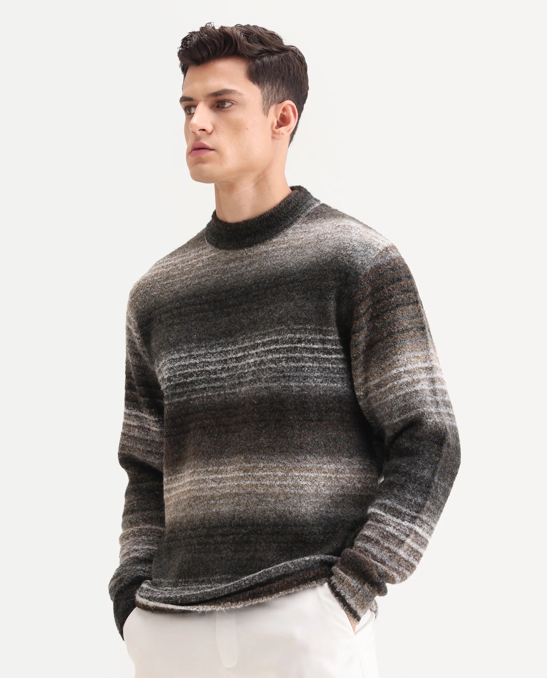 Rare Rabbit Men's Nemot Dark Grey Cotton Colorblock Regular Fit Full Sleeve Crew Neck Sweater