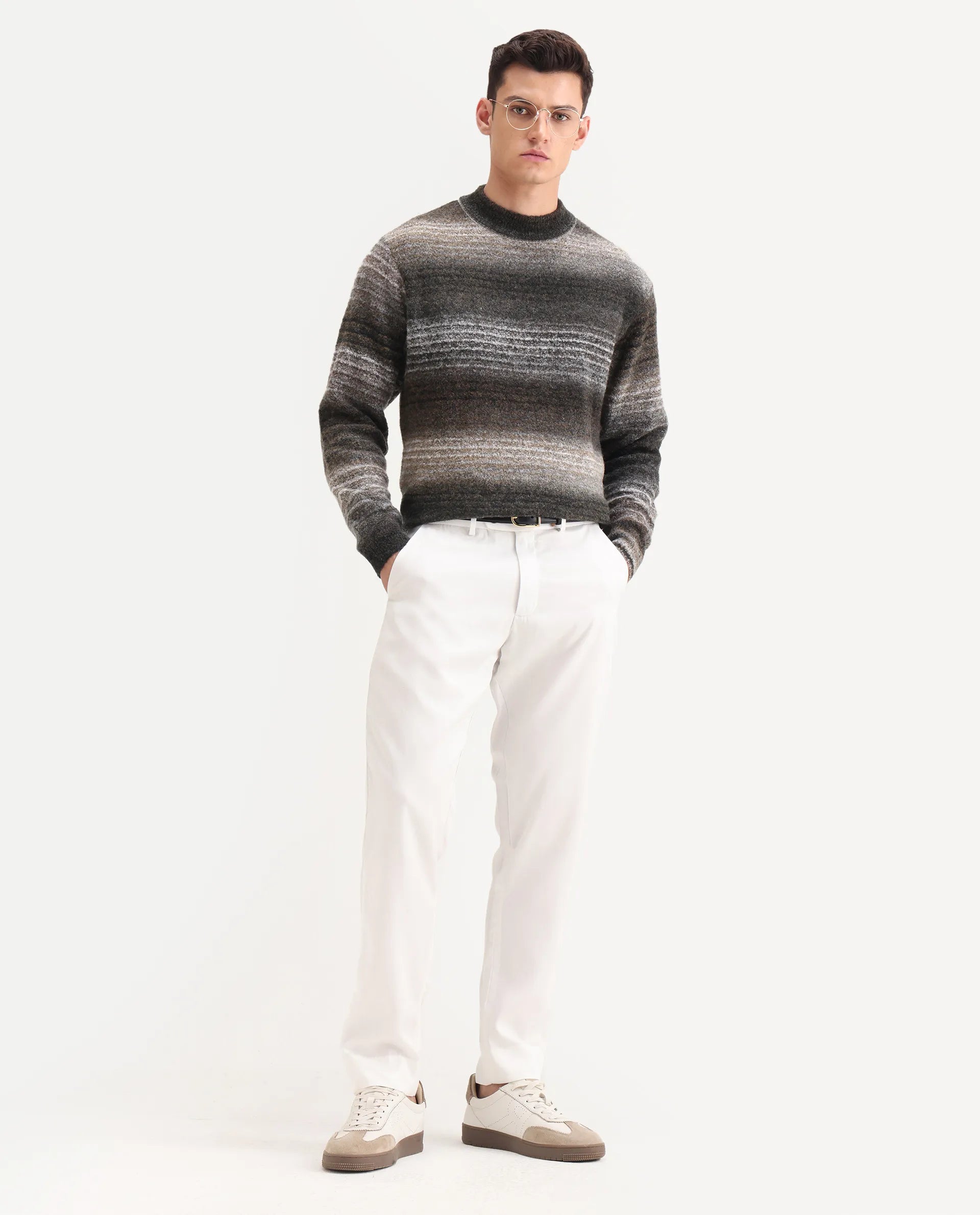 Rare Rabbit Men's Nemot Dark Grey Cotton Colorblock Regular Fit Full Sleeve Crew Neck Sweater