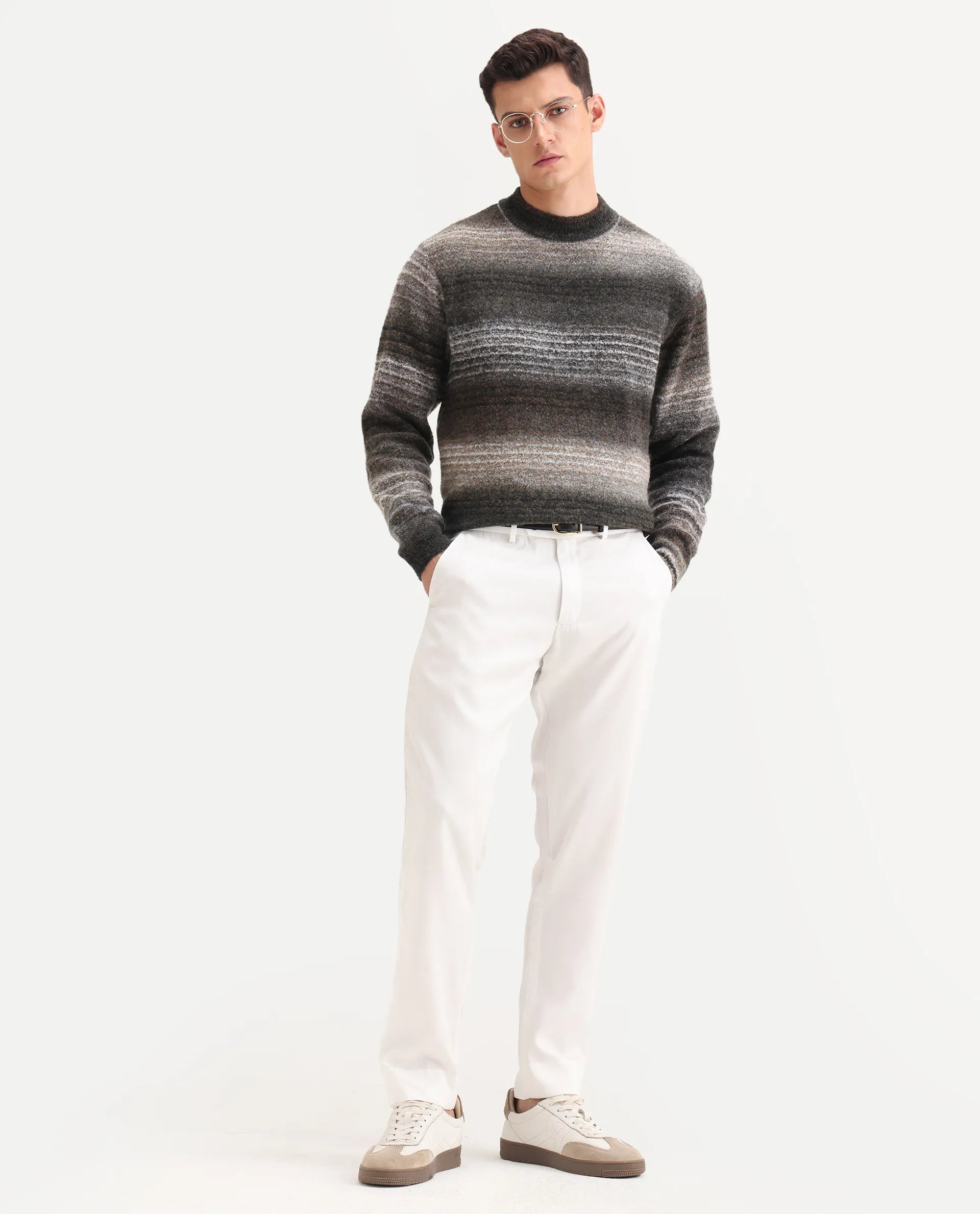Rare Rabbit Men's Nemot Dark Grey Cotton Colorblock Regular Fit Full Sleeve Crew Neck Sweater