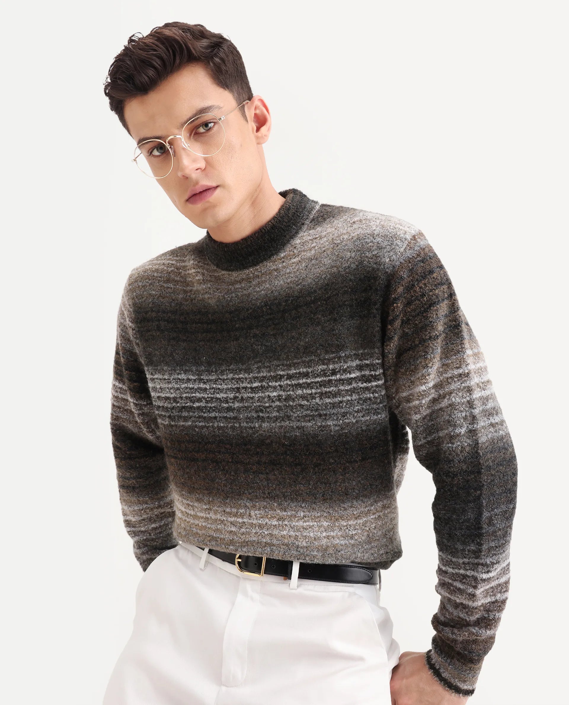 Rare Rabbit Men's Nemot Dark Grey Cotton Colorblock Regular Fit Full Sleeve Crew Neck Sweater