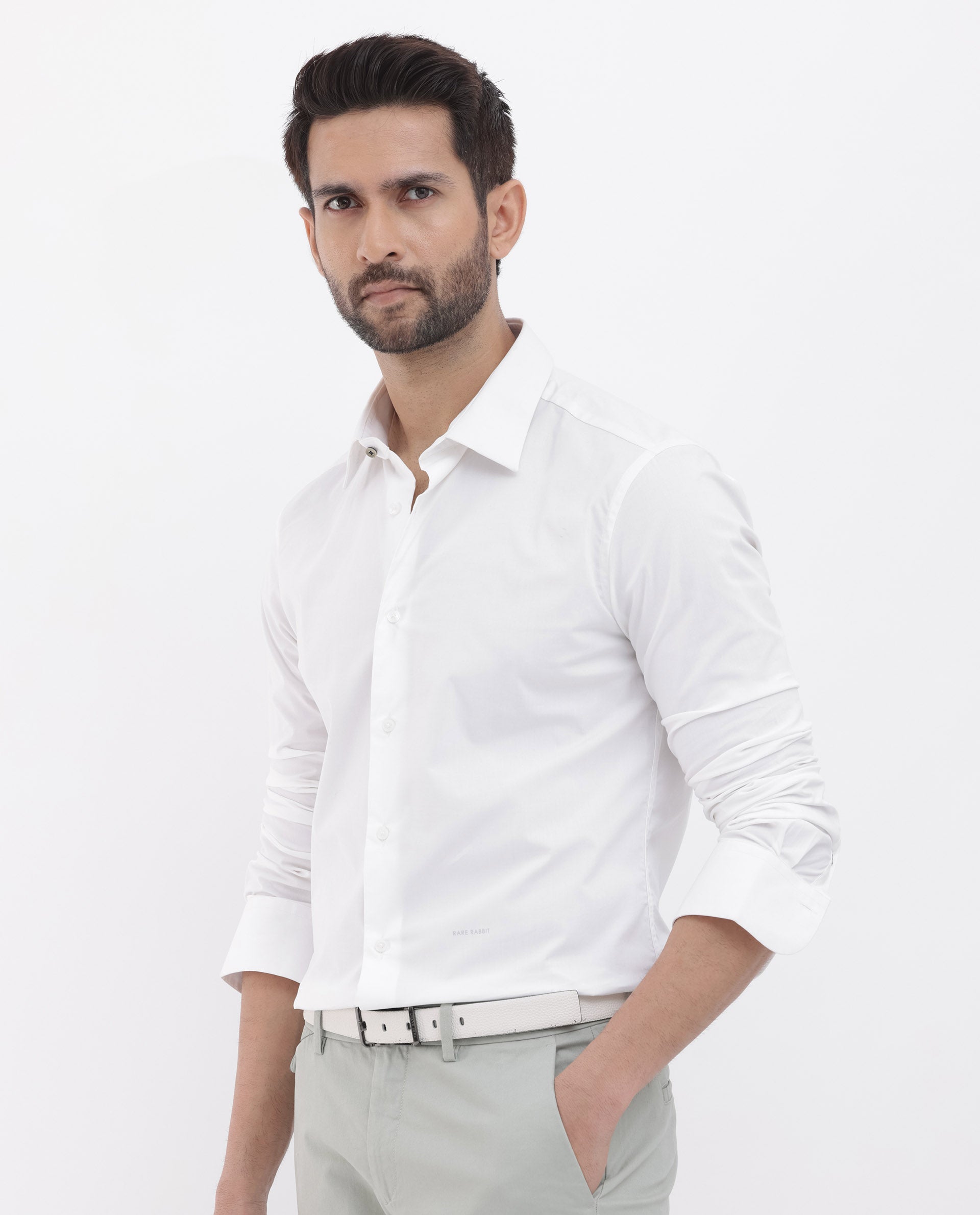 Rare Rabbit Men's Neutron-8 White Cotton Polyester Fabric Full Sleeves Solid Shirt