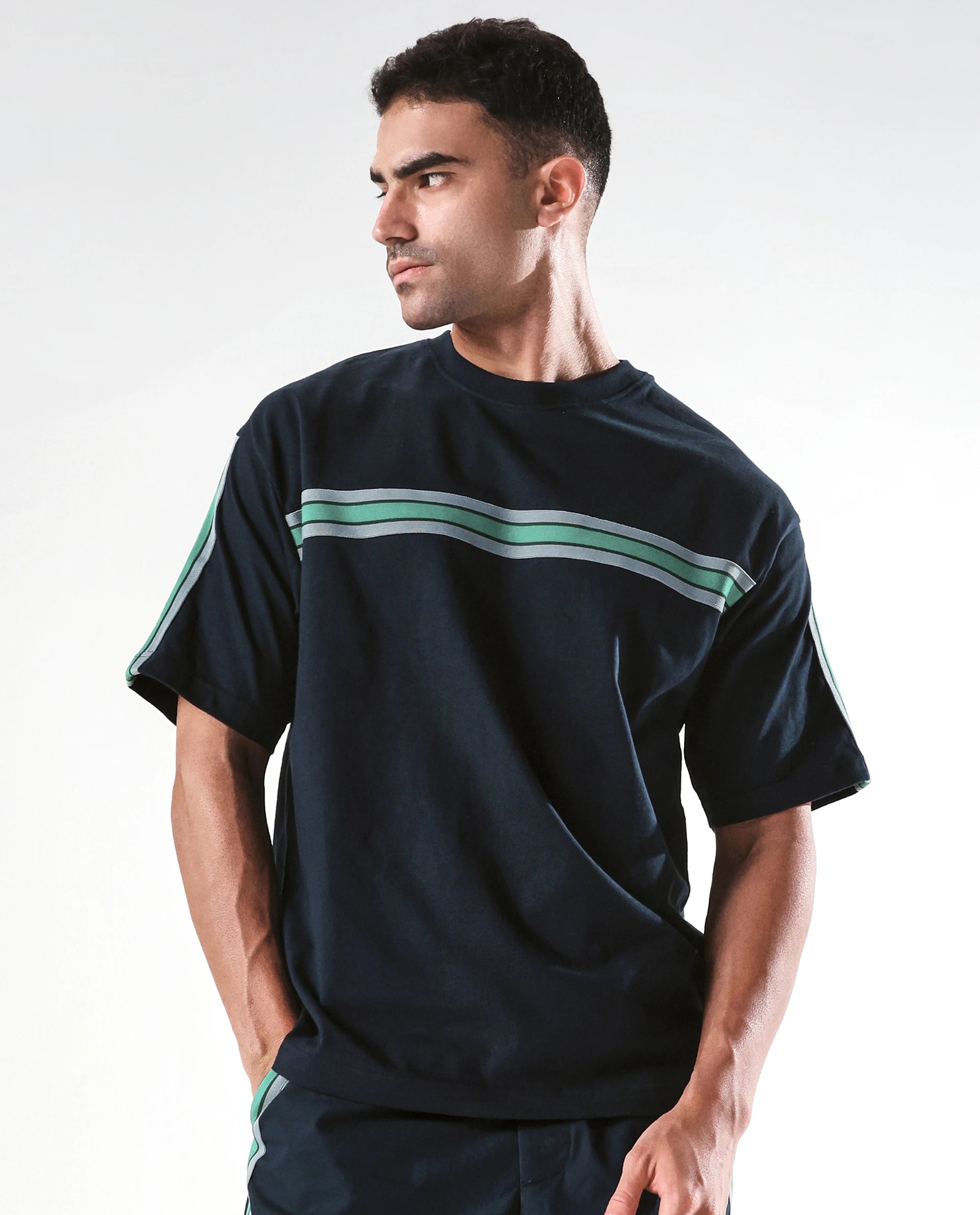 Rare Rabbit Men's Newnon-T Navy Cotton Plain Boxy Fit Half Sleeve Crew Neck T-Shirt