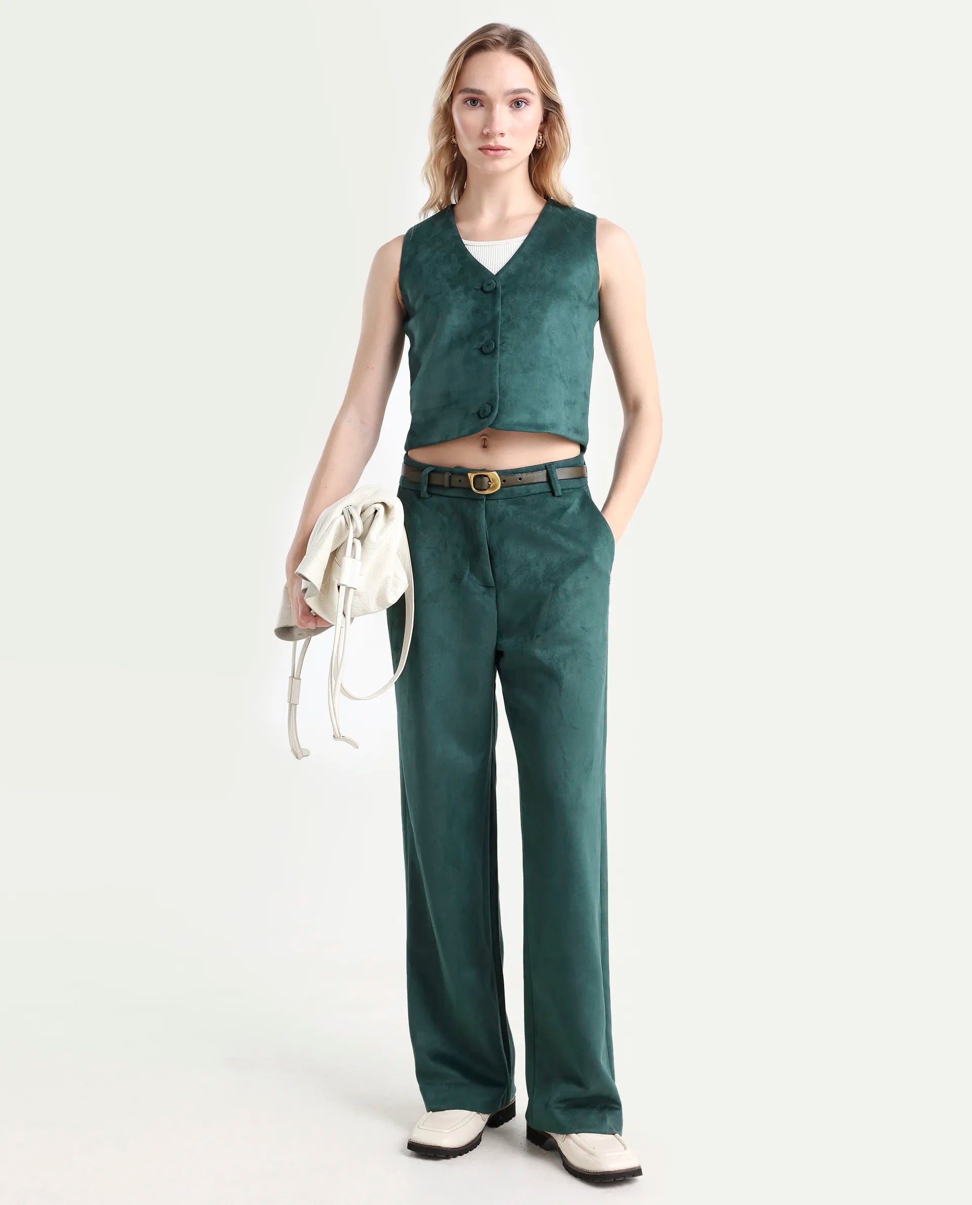 Rareism Women's Niwast-B Green Polyester Blend Straight Fit Travel Trouser