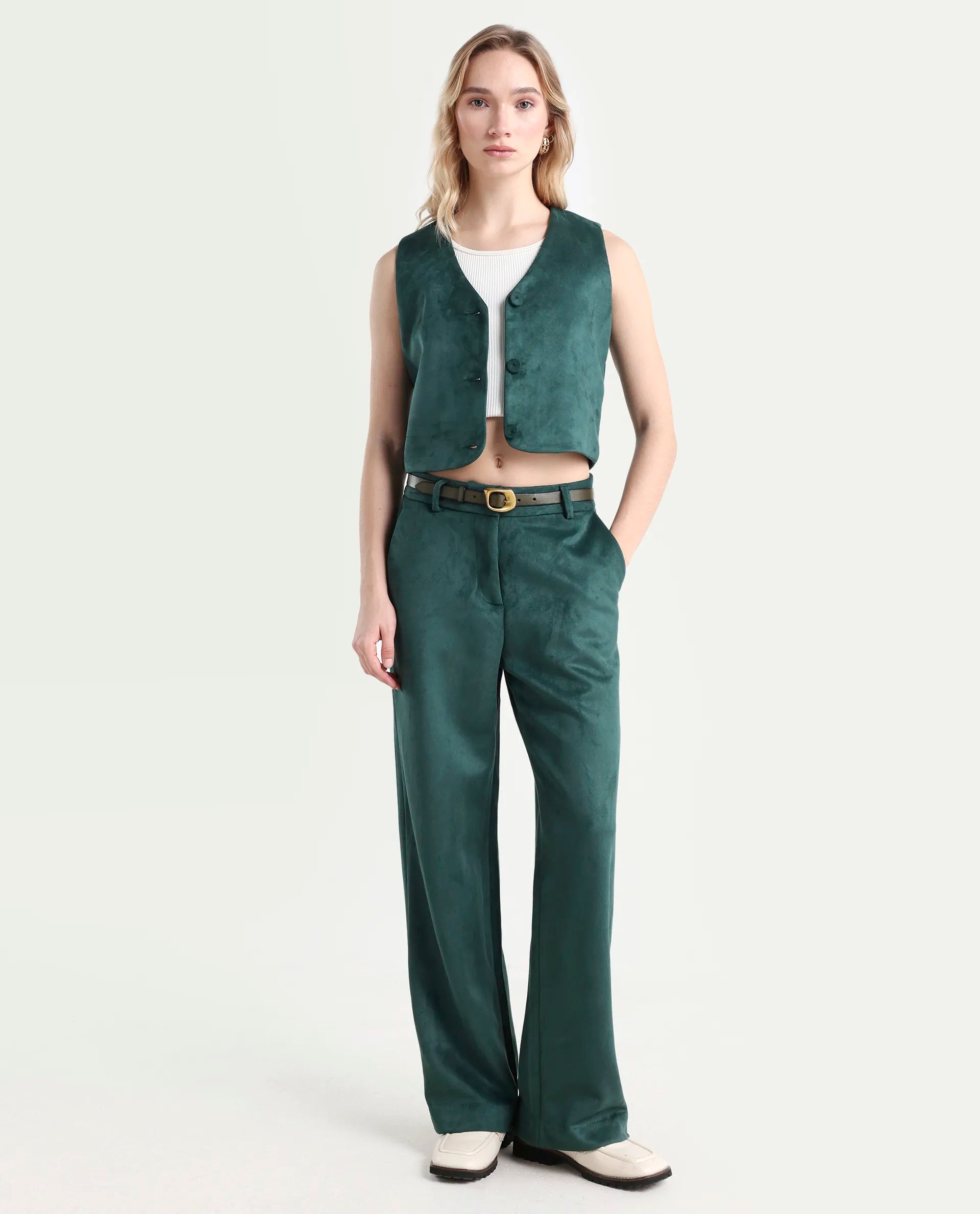 Rareism Women's Niwast-B Green Polyester Blend Straight Fit Travel Trouser