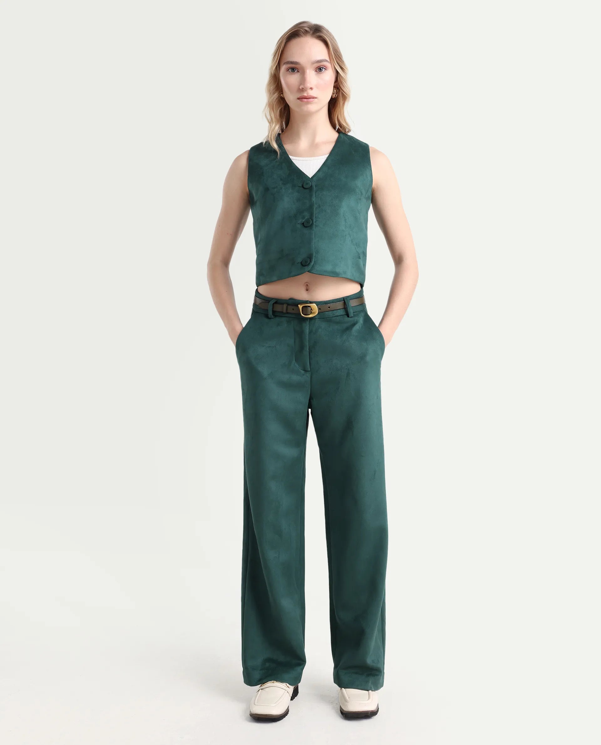 Rareism Women's Niwast-B Green Polyester Blend Straight Fit Travel Trouser