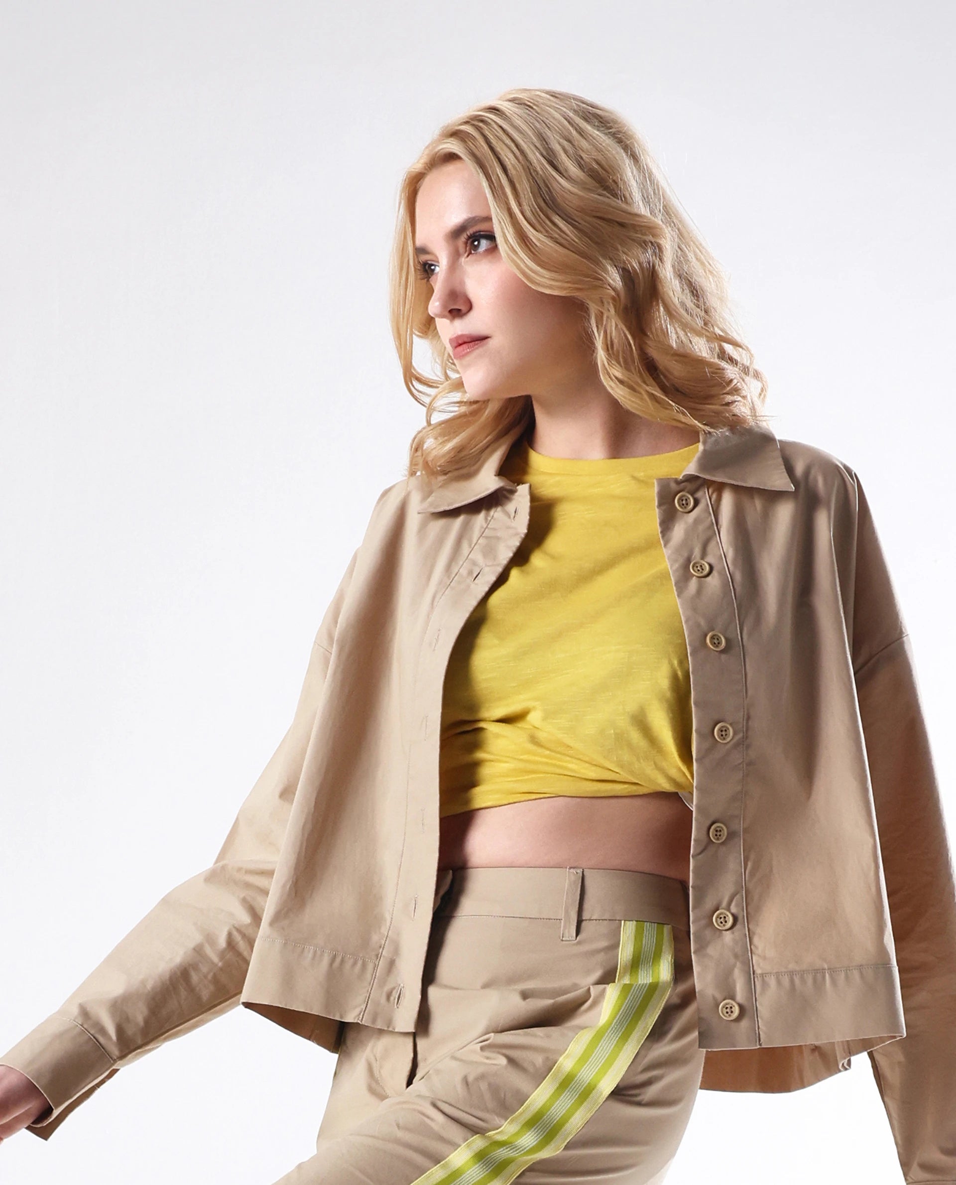 Rareism Women's Nocam S Beige Cotton Spread Collar Plain Cuffed Sleeve Relaxed Fit Shirt